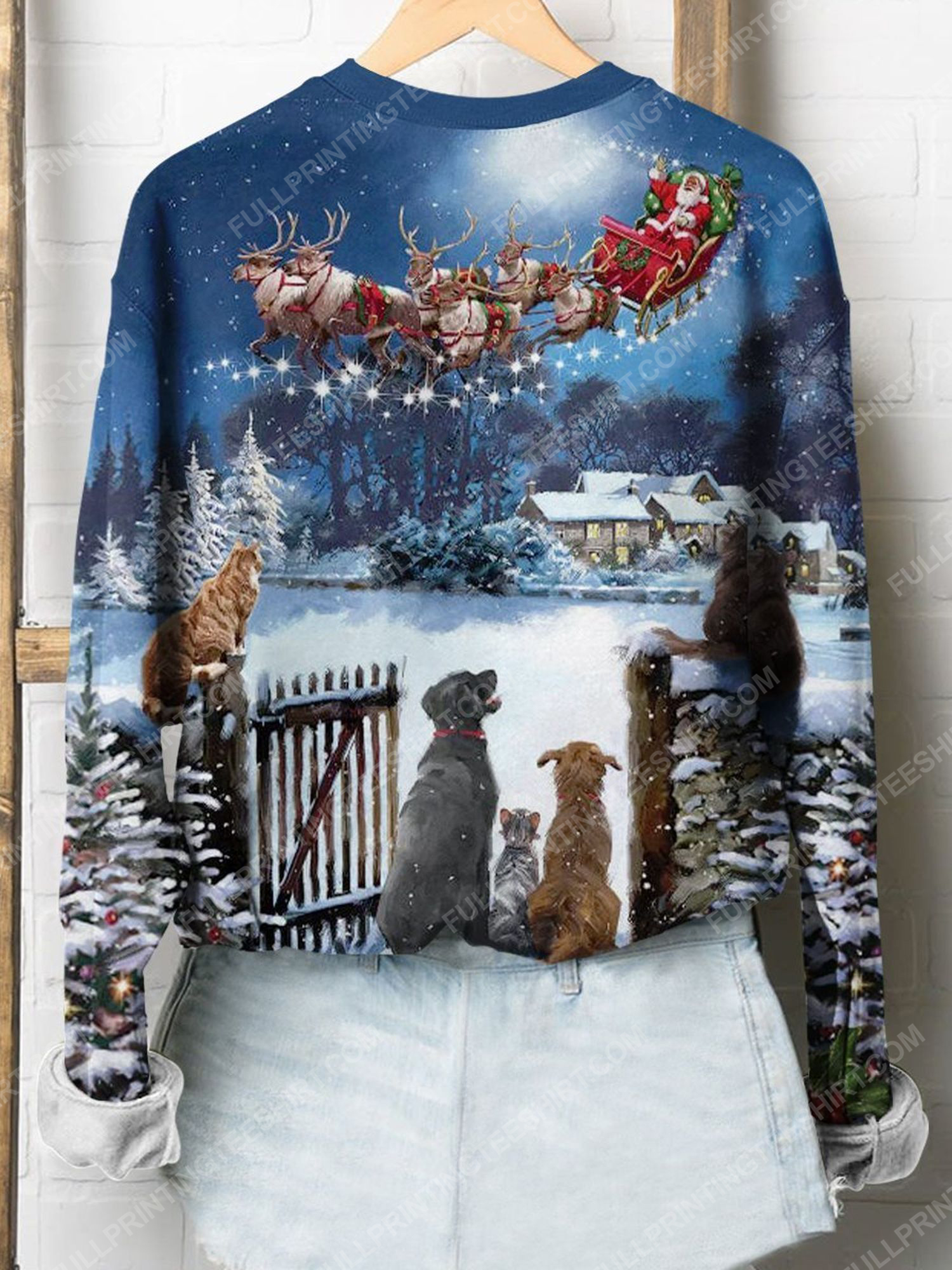 Cats and dogs watching santa claus full print shirt