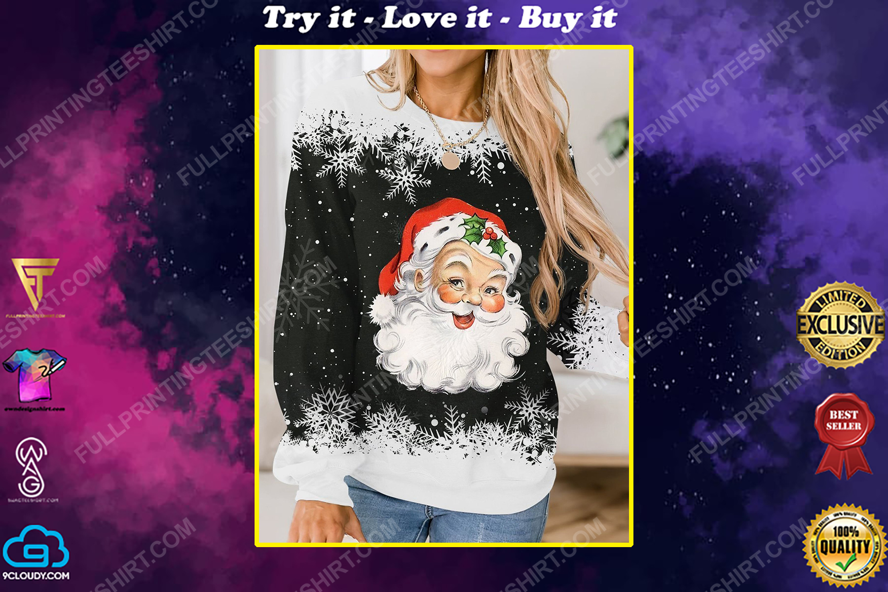 Christmas leopard santa claus and snowflake full print shirt