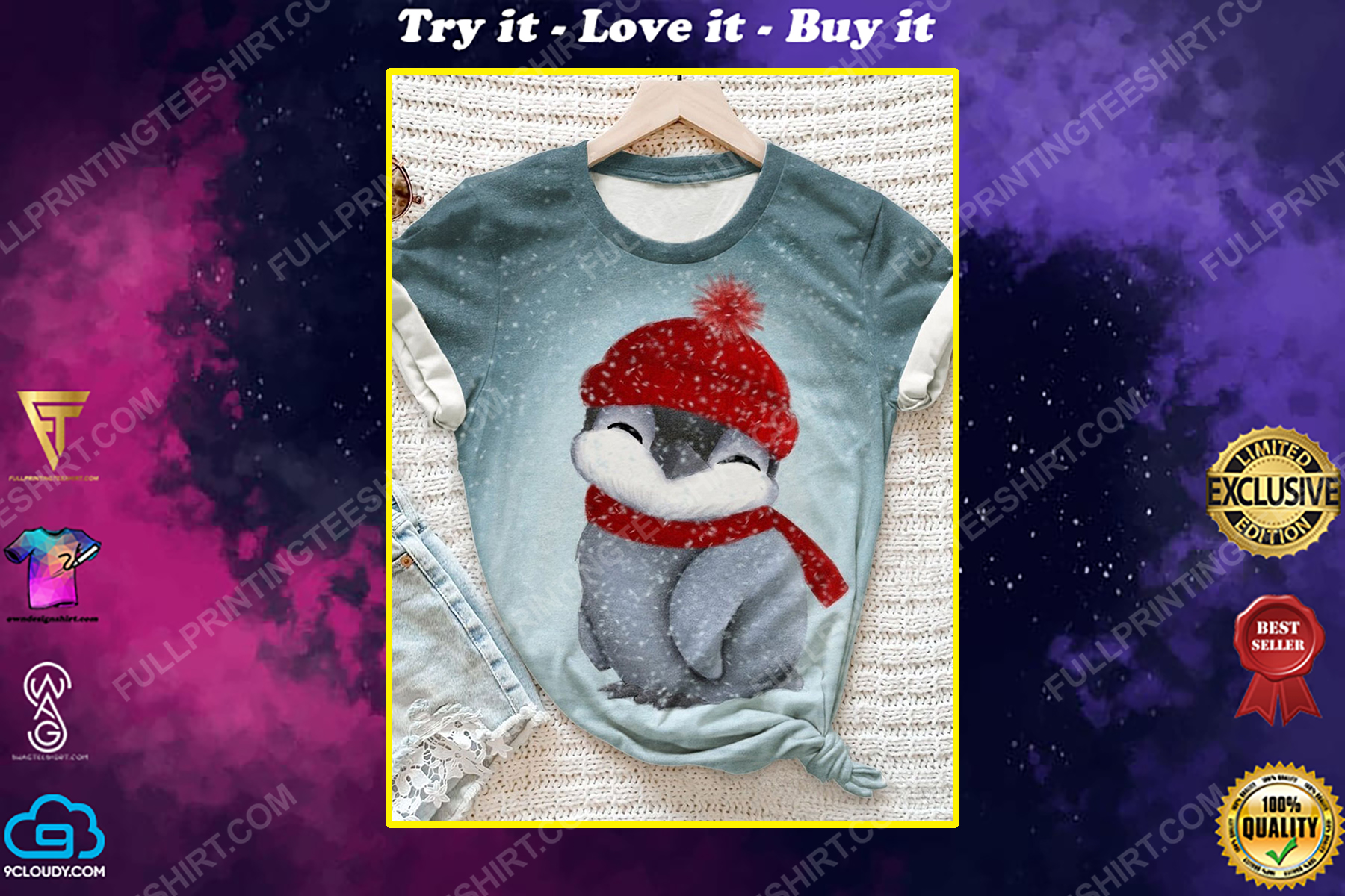 Christmas night baby penguin full print shirt