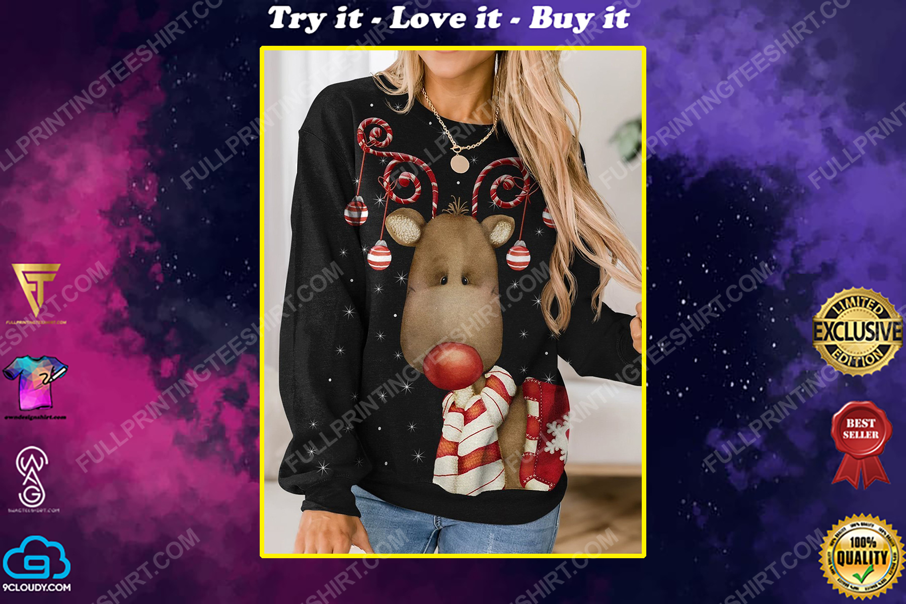 Christmas night reindeer and ornament full print shirt