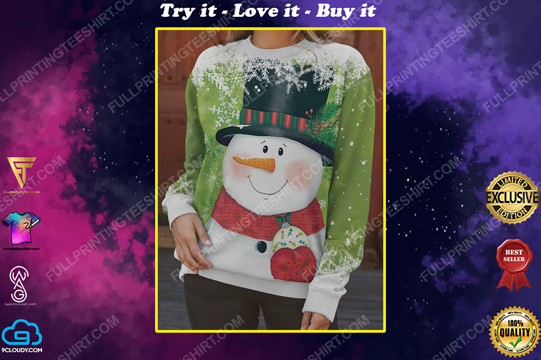 Christmas night snowman full print shirt