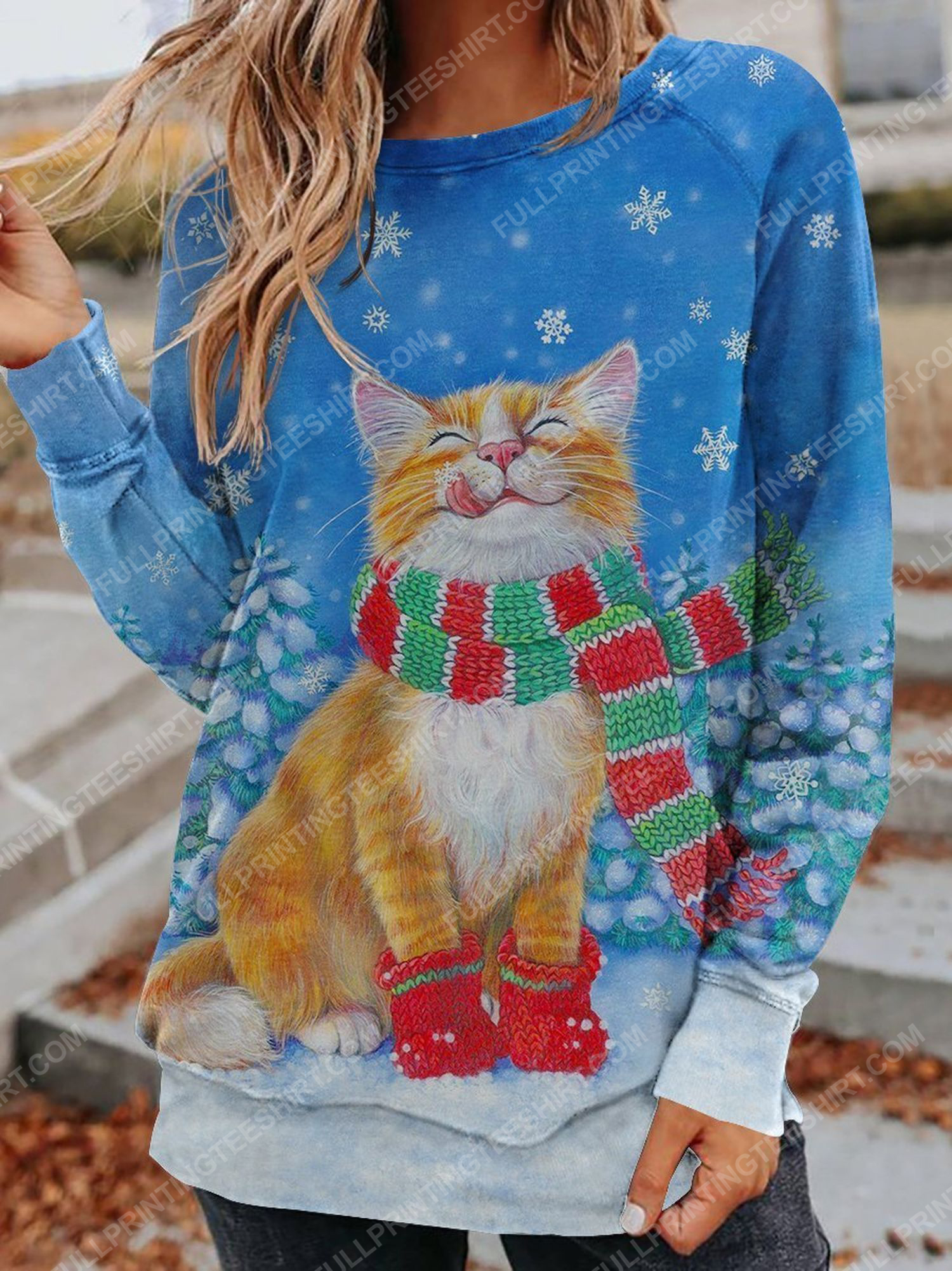 Christmas time cat and snowflake full print shirt
