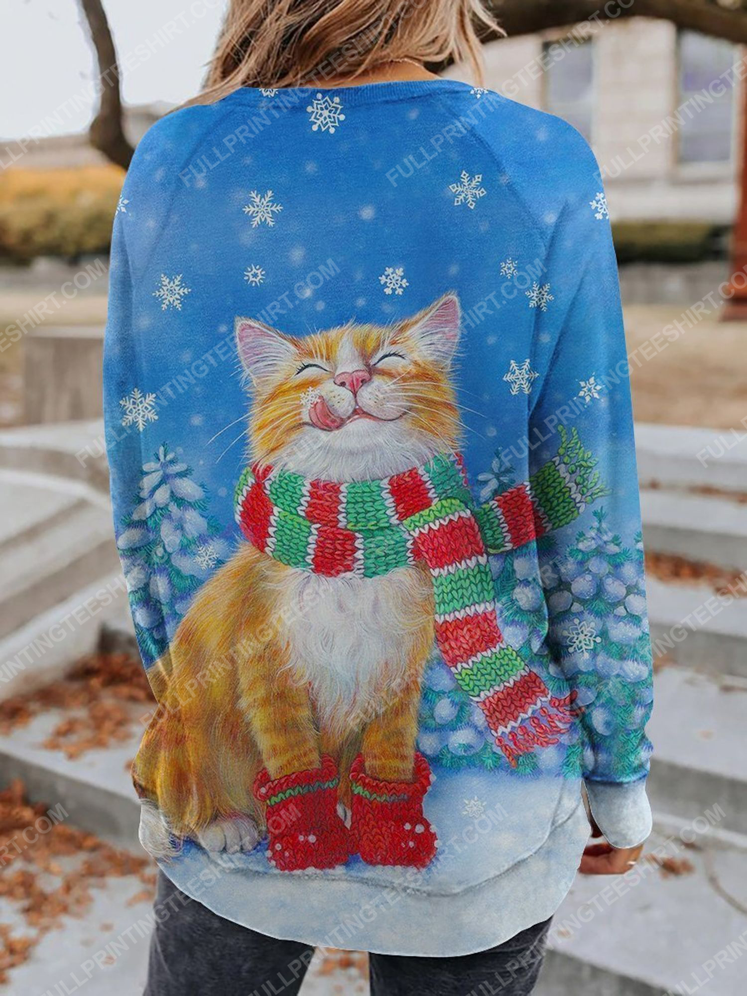 Christmas time cat and snowflake full print shirt