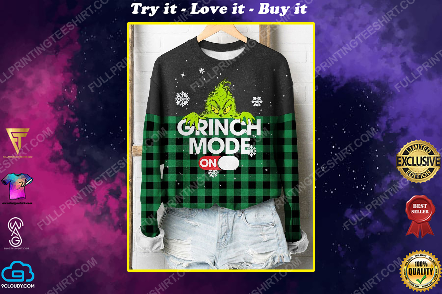 Christmas time grinch mode on full print shirt