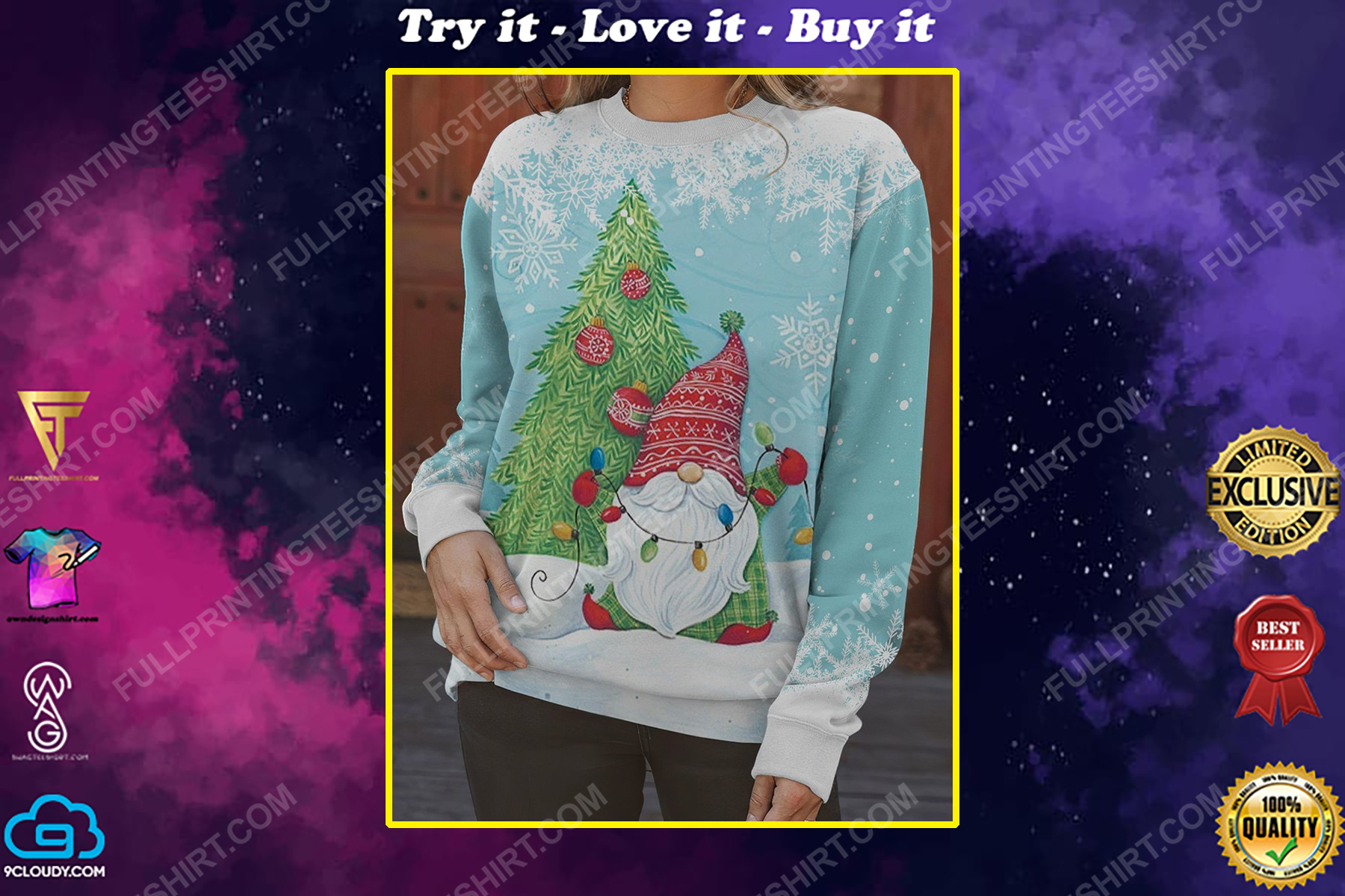 Christmas tree and gnome full print shirt