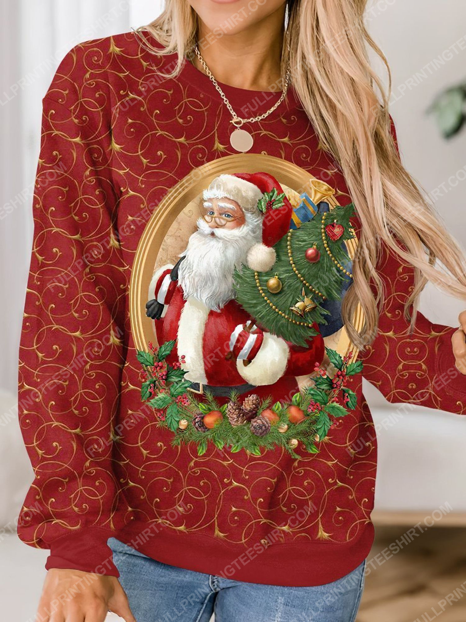 Christmas tree and santa claus vintage full print shirt