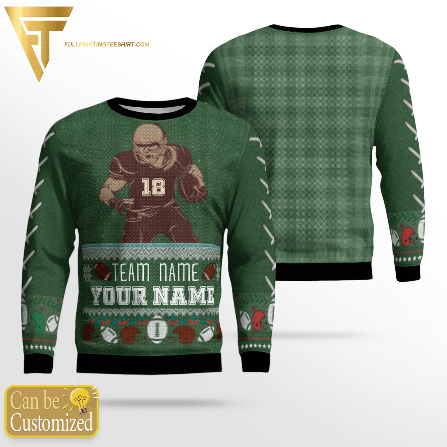 Custom Tartan Check Football Full Print Ugly Christmas Sweater