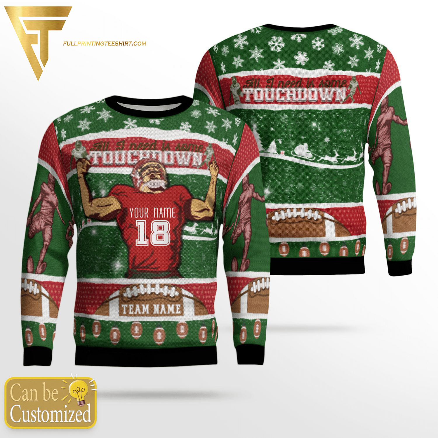 Custom Vintage American Football All I Need Is Some Touchdown Full Print Ugly Christmas Sweater