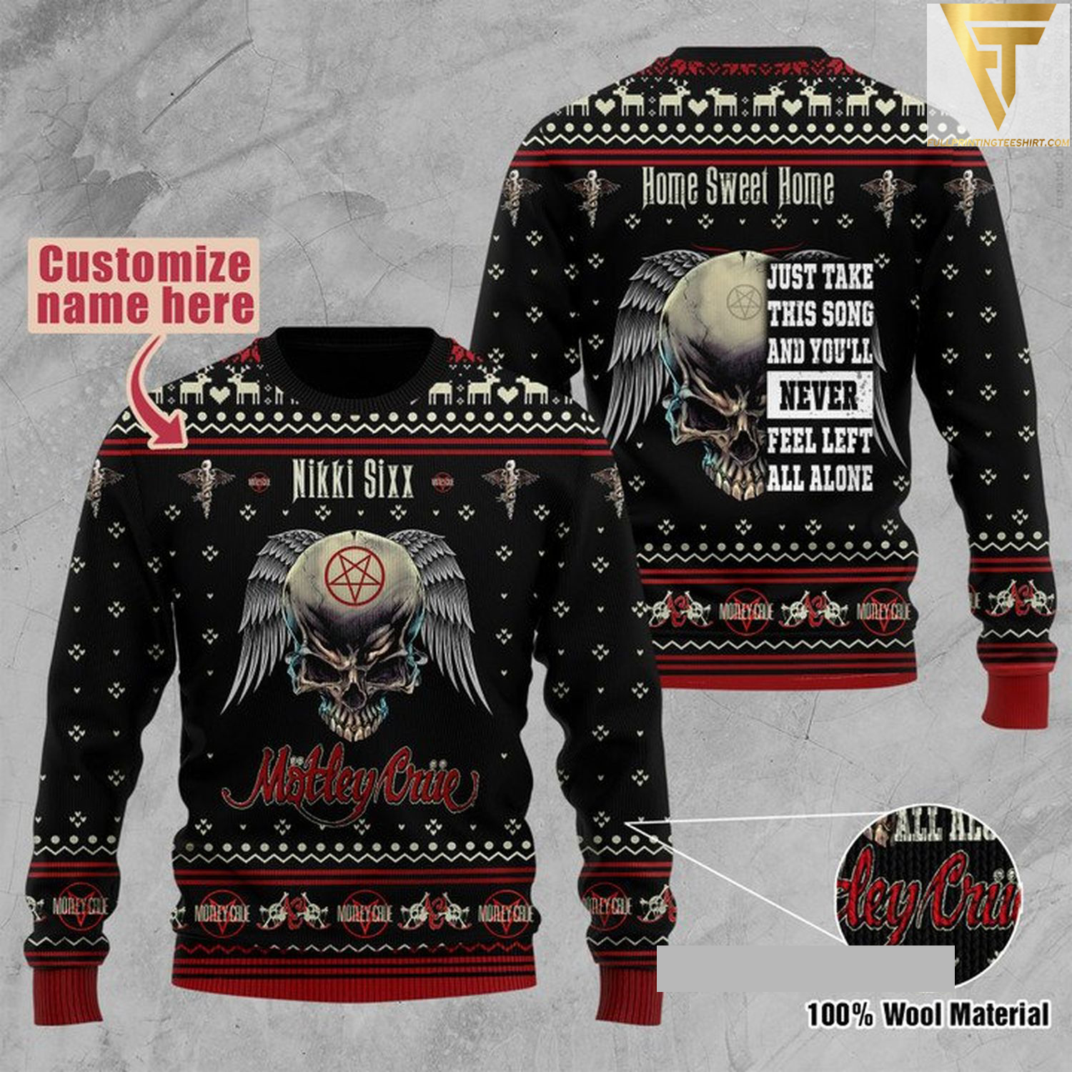 Custom skull mötley crüe rock band ugly christmas sweater