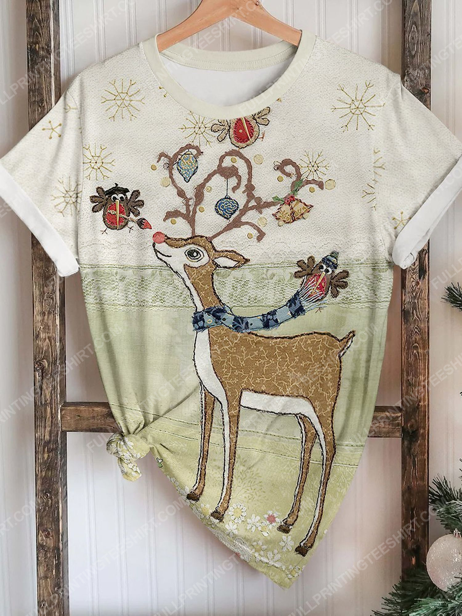Flowery deer and snowflake christmas full print shirt