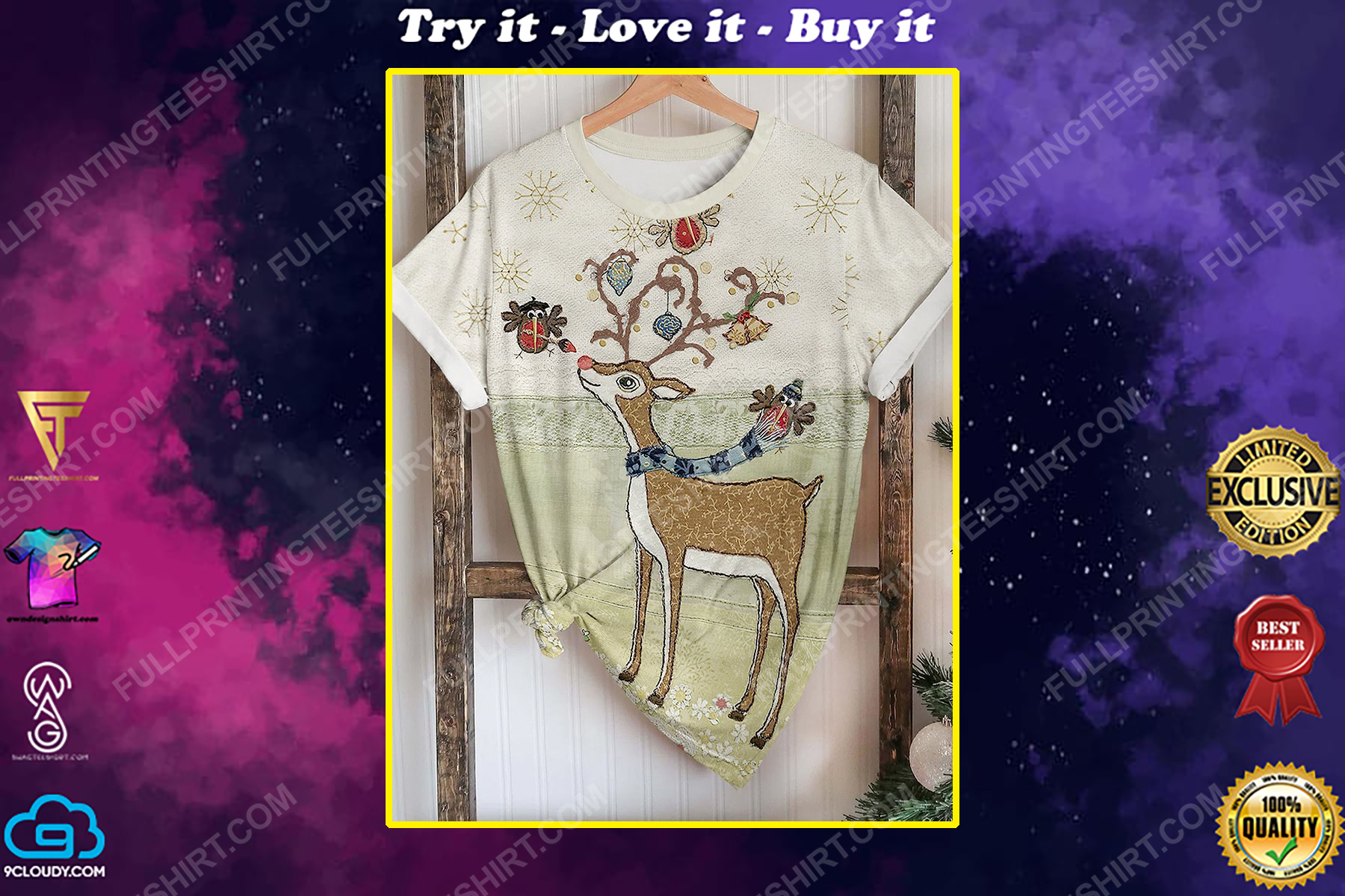 Flowery deer and snowflake christmas full print shirt