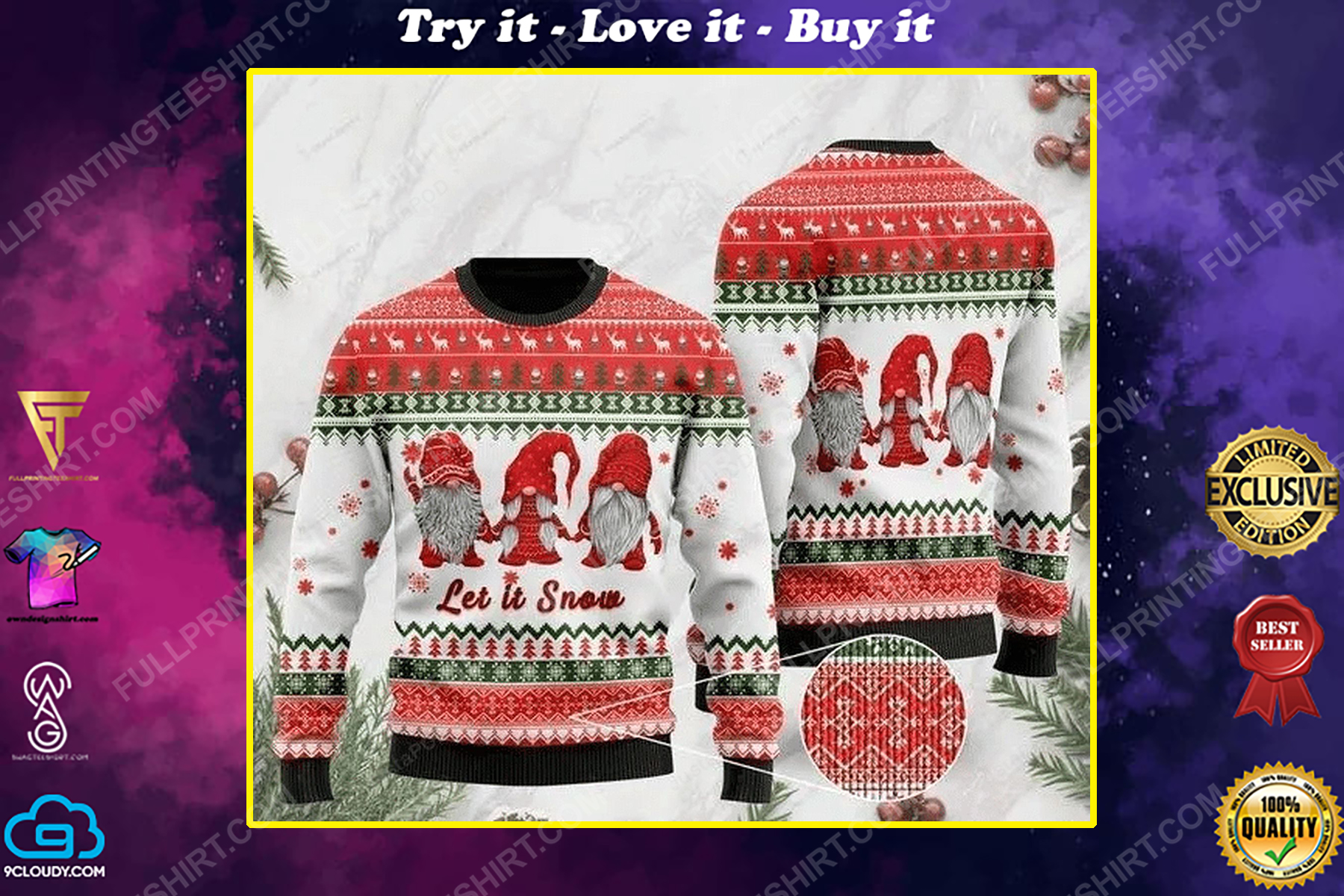 Gnomes let it snow full print ugly christmas sweater