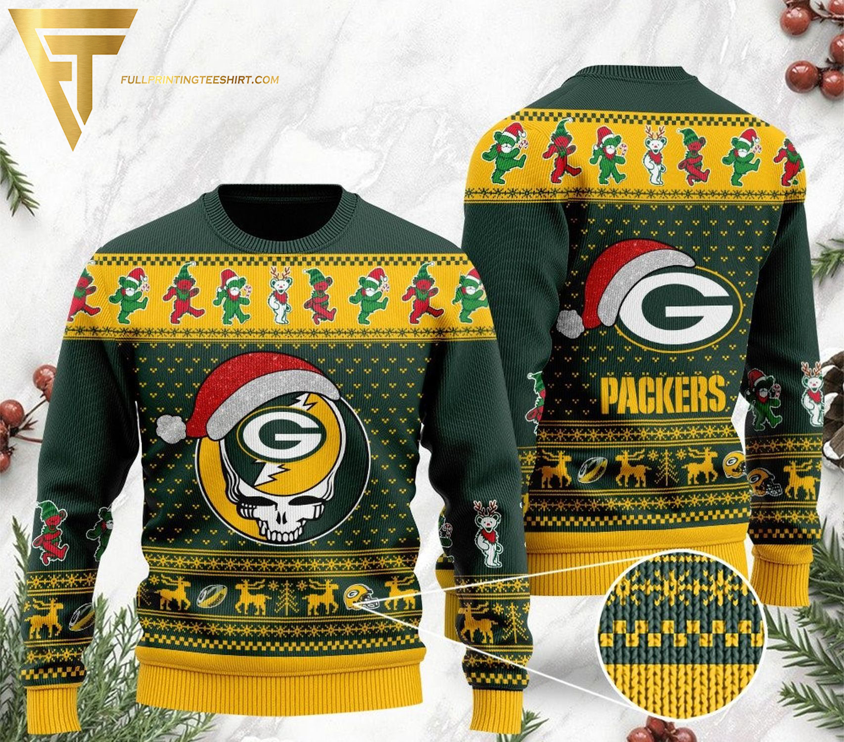 Grateful Dead Green Bay Packers Full Print Ugly Christmas Sweater