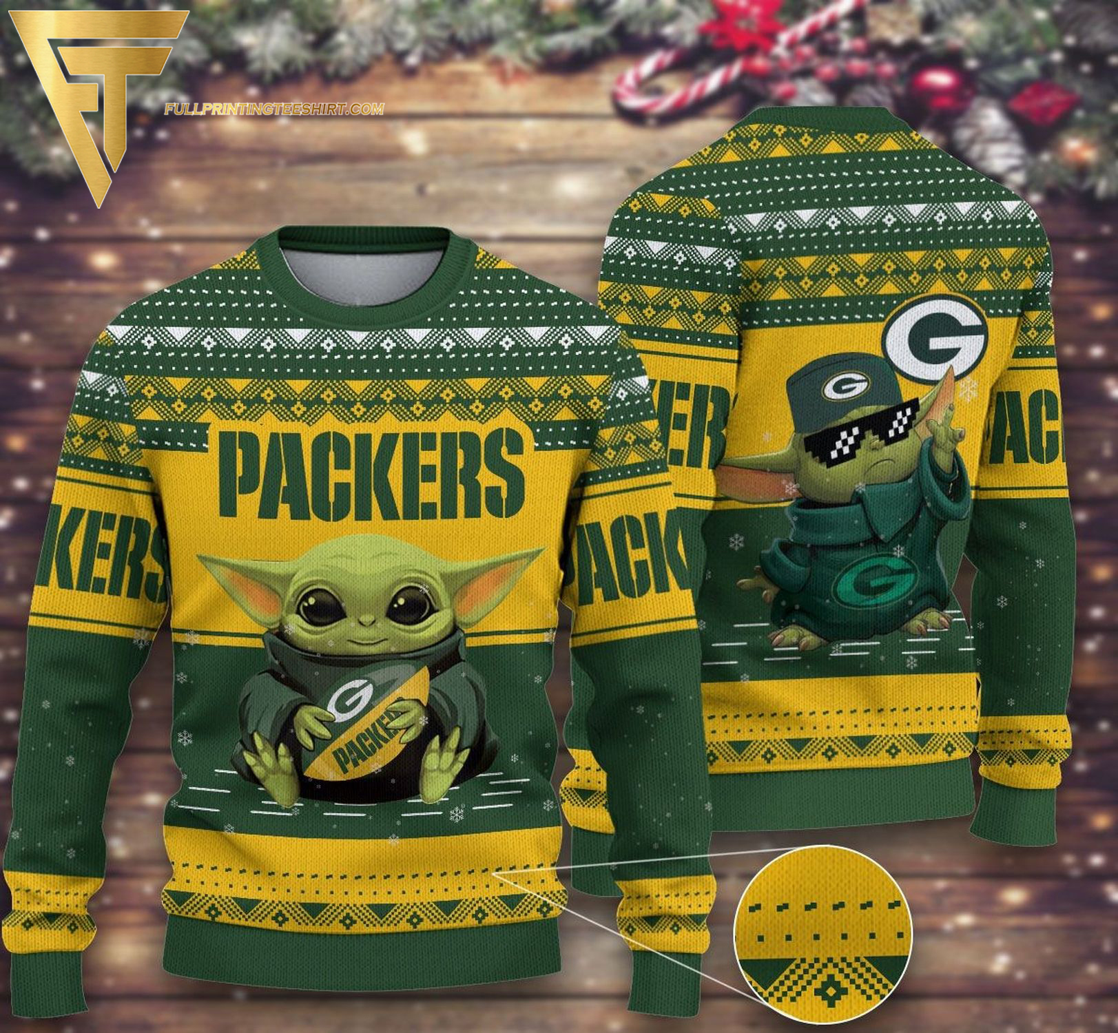 Green Bay Packers Baby Yoda Full Print Ugly Christmas Sweater