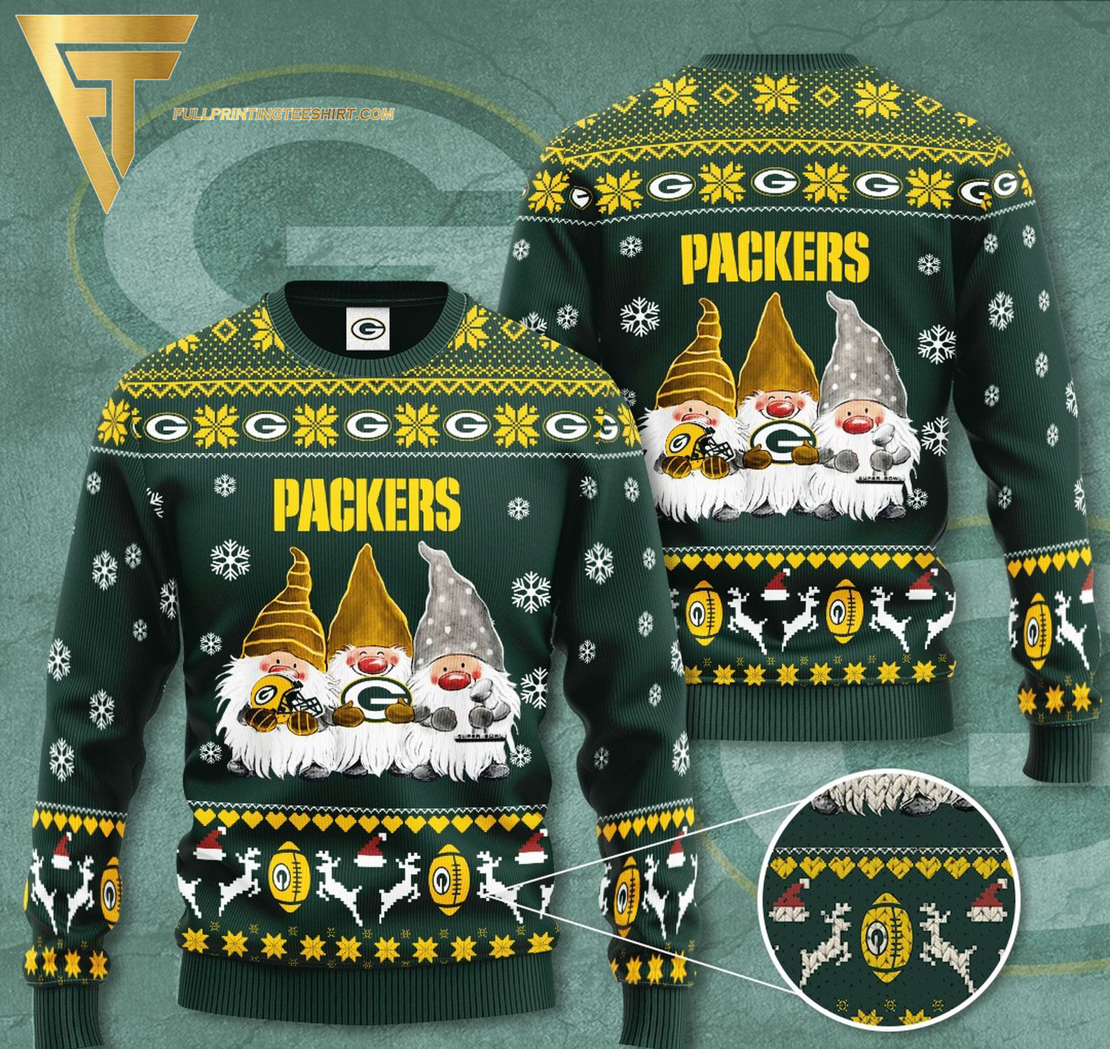 Green Bay Packers Gnomes Full Print Ugly Christmas Sweater