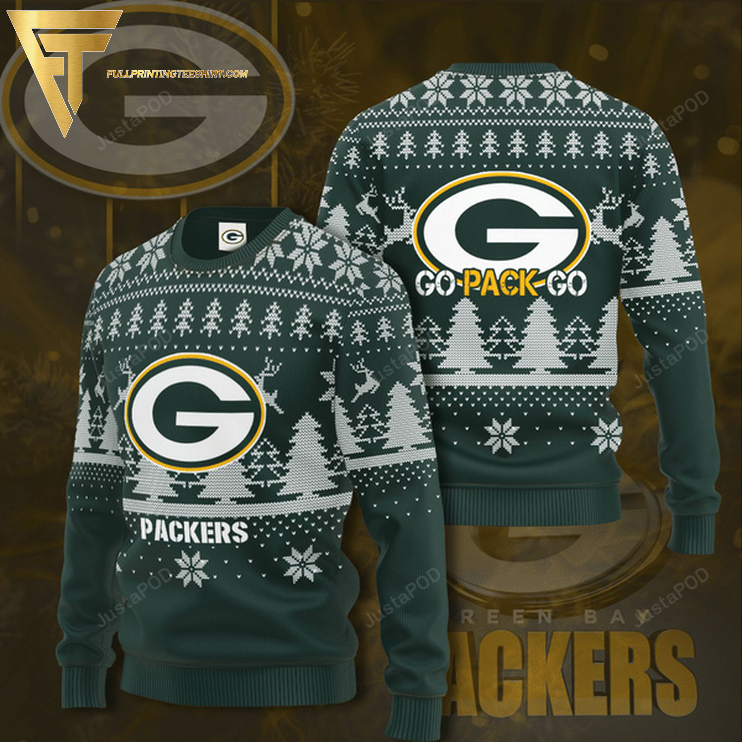 Green Bay Packers Go Pack Go Full Print Ugly Christmas Sweater - Copy (2)