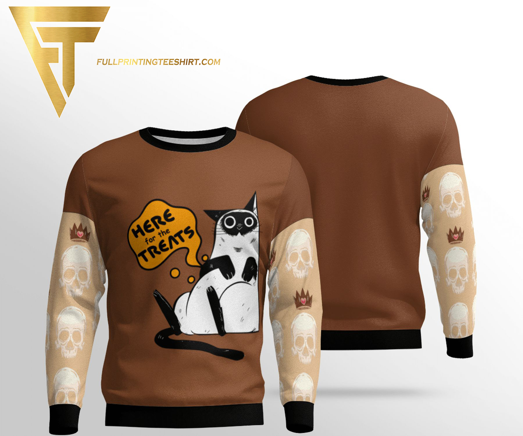 Here For The Treats Cat Halloween Full Print Ugly Christmas Sweater