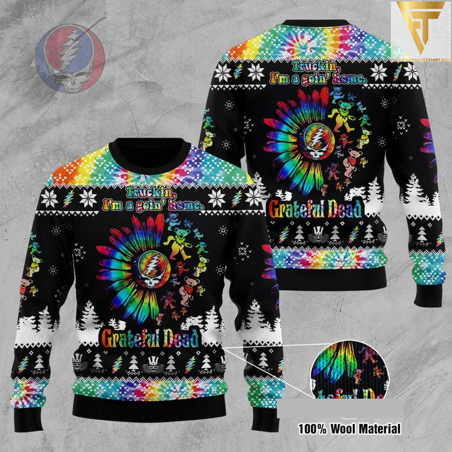 Hippie skull the grateful dead ugly christmas sweater