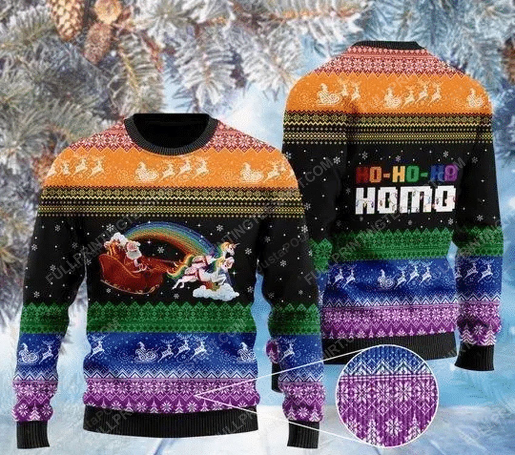Ho-ho-ho homo gay santa and unicorn full print ugly christmas sweater