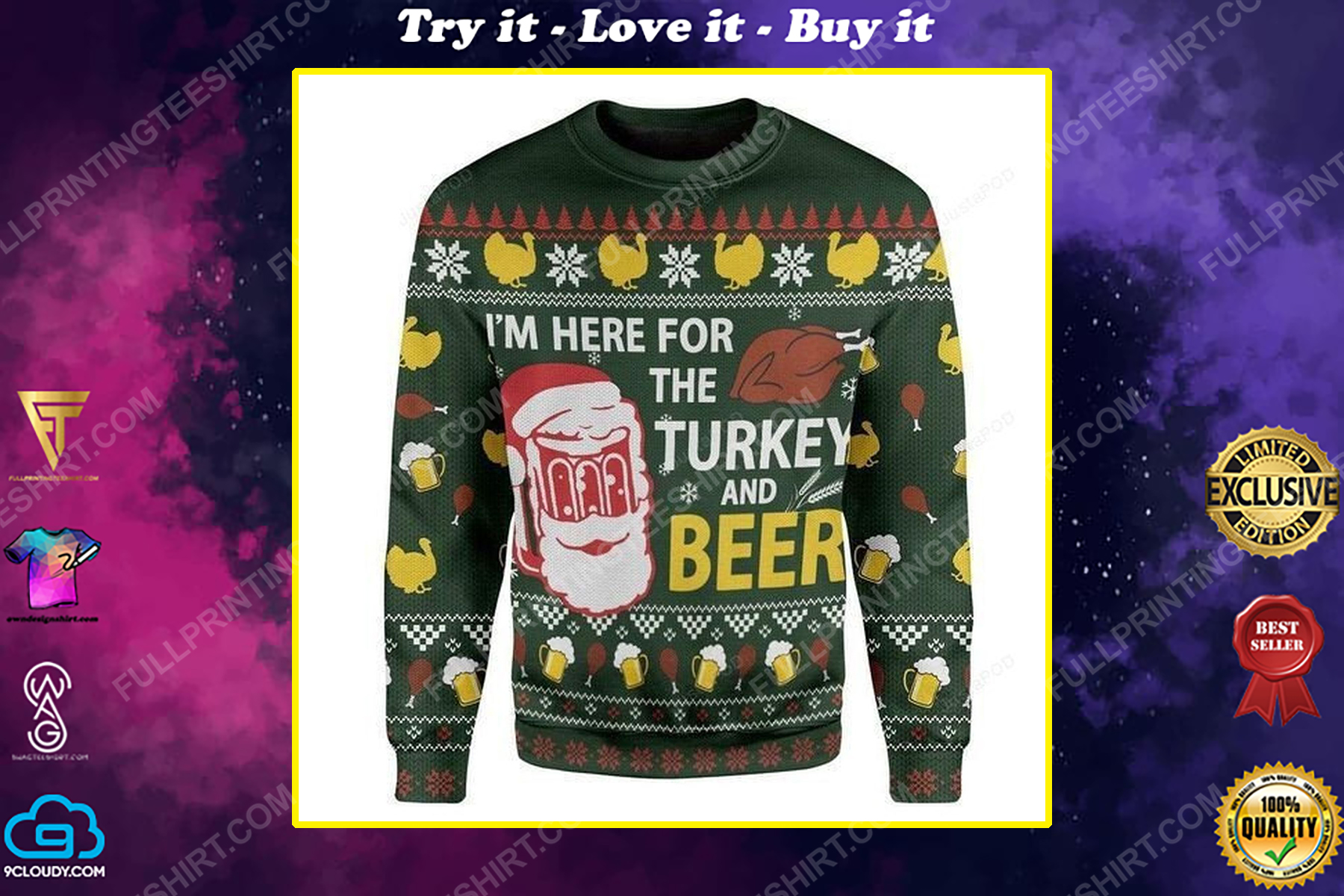 I'm here for the turkey and beer full print ugly christmas sweater