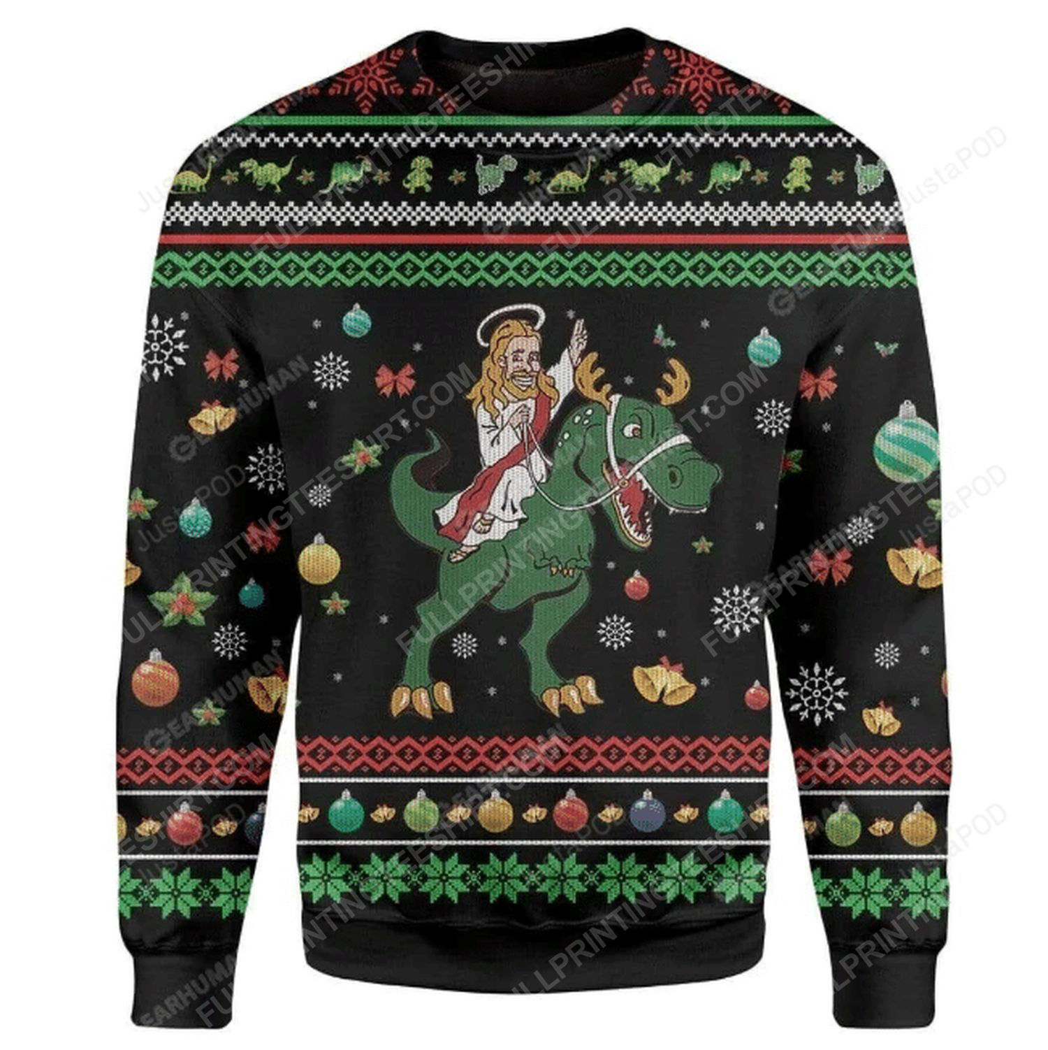 Jesus riding a dinosaur full print ugly christmas sweater