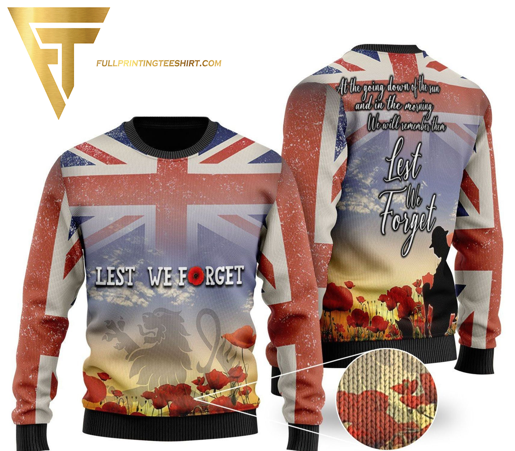 Lest We forget British Flag Remembrance Day Veteran Full Print Ugly Christmas Sweater
