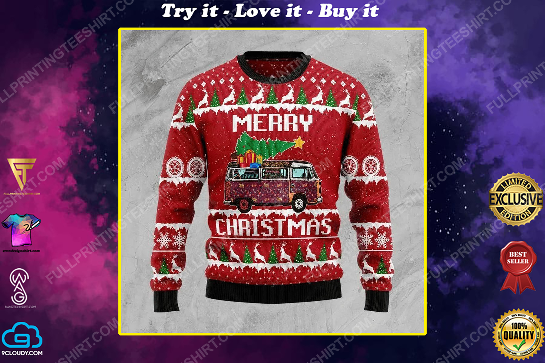 Merry christmas hippie car full print ugly christmas sweater