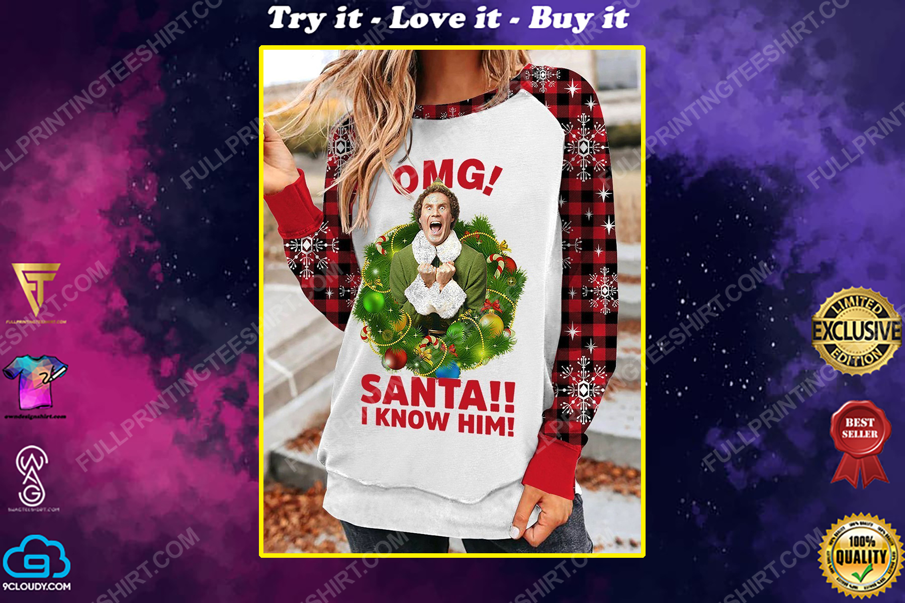 OMG santa i know him elf movie full print shirt