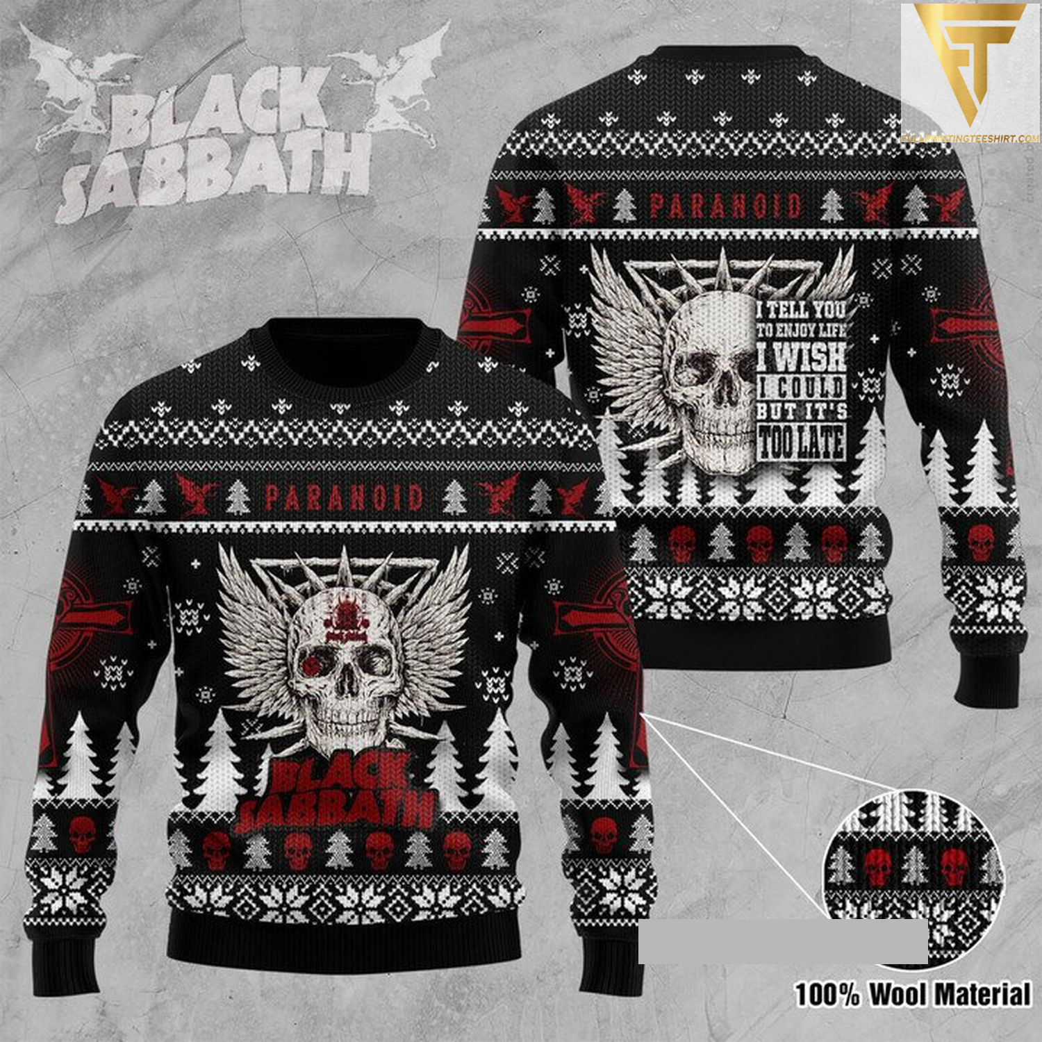 Paranoid black sabbath rock band ugly christmas sweater