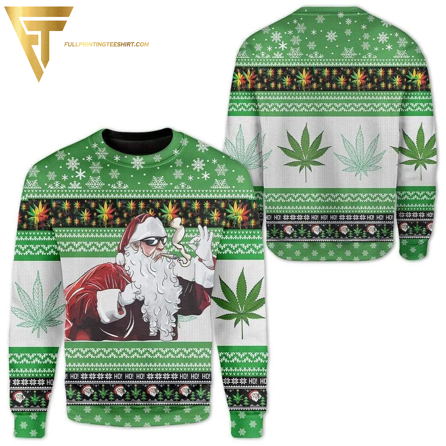 Santa Claus Smoking Marijuana Leaf Full Print Ugly Christmas Sweater