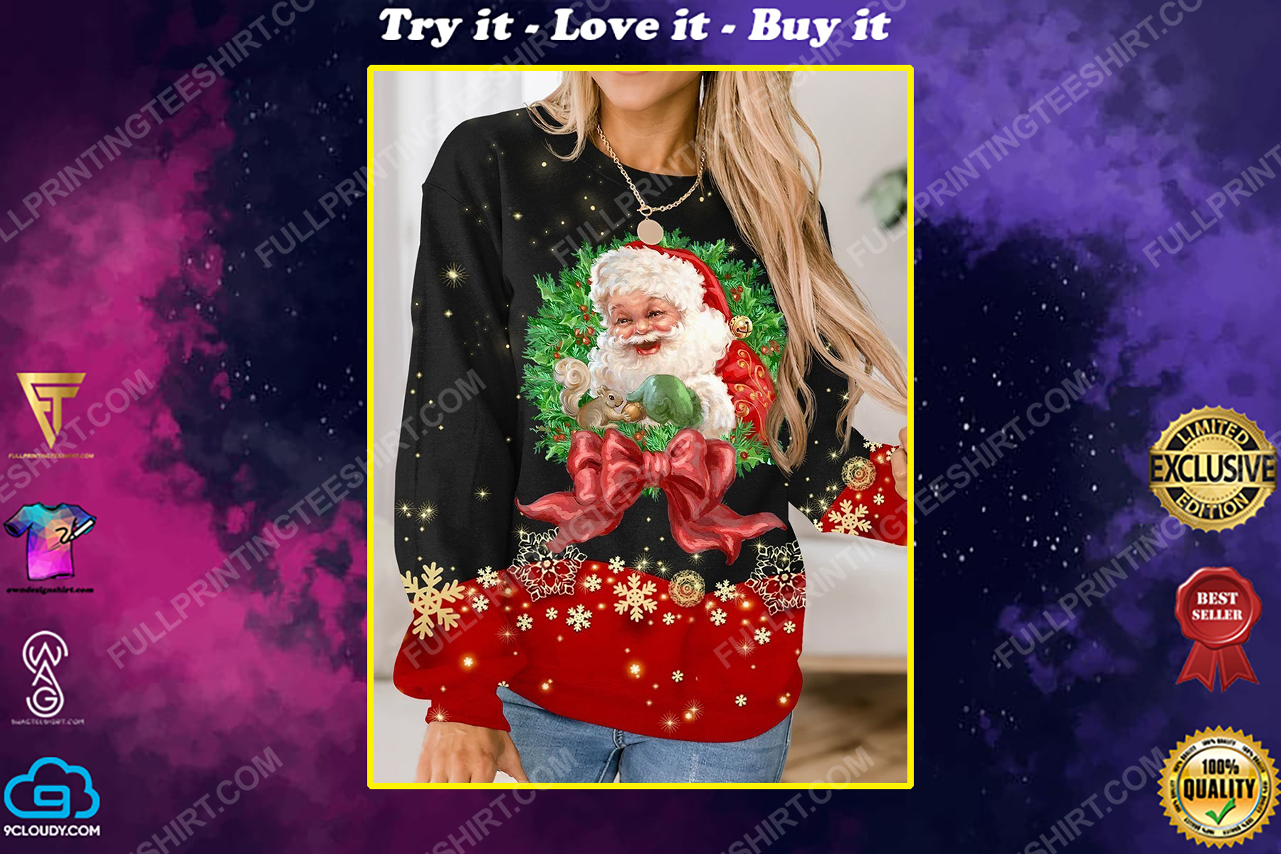 Santa claus and christmas wreath full print shirt
