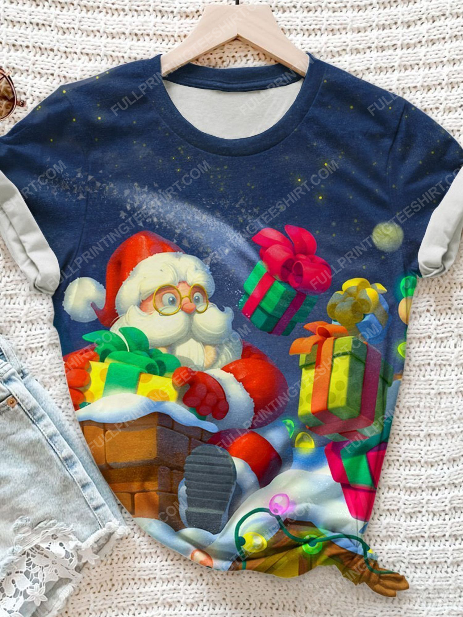 Santa claus and presents in christmas night full print shirt