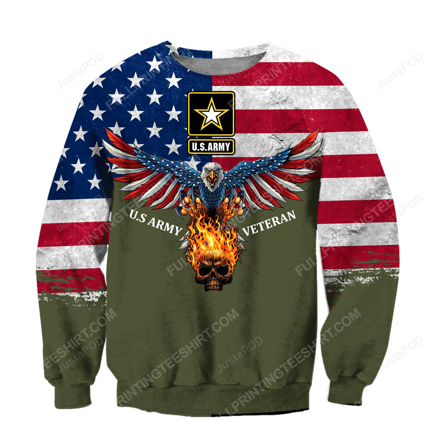US army veteran skull fire full print ugly christmas sweater