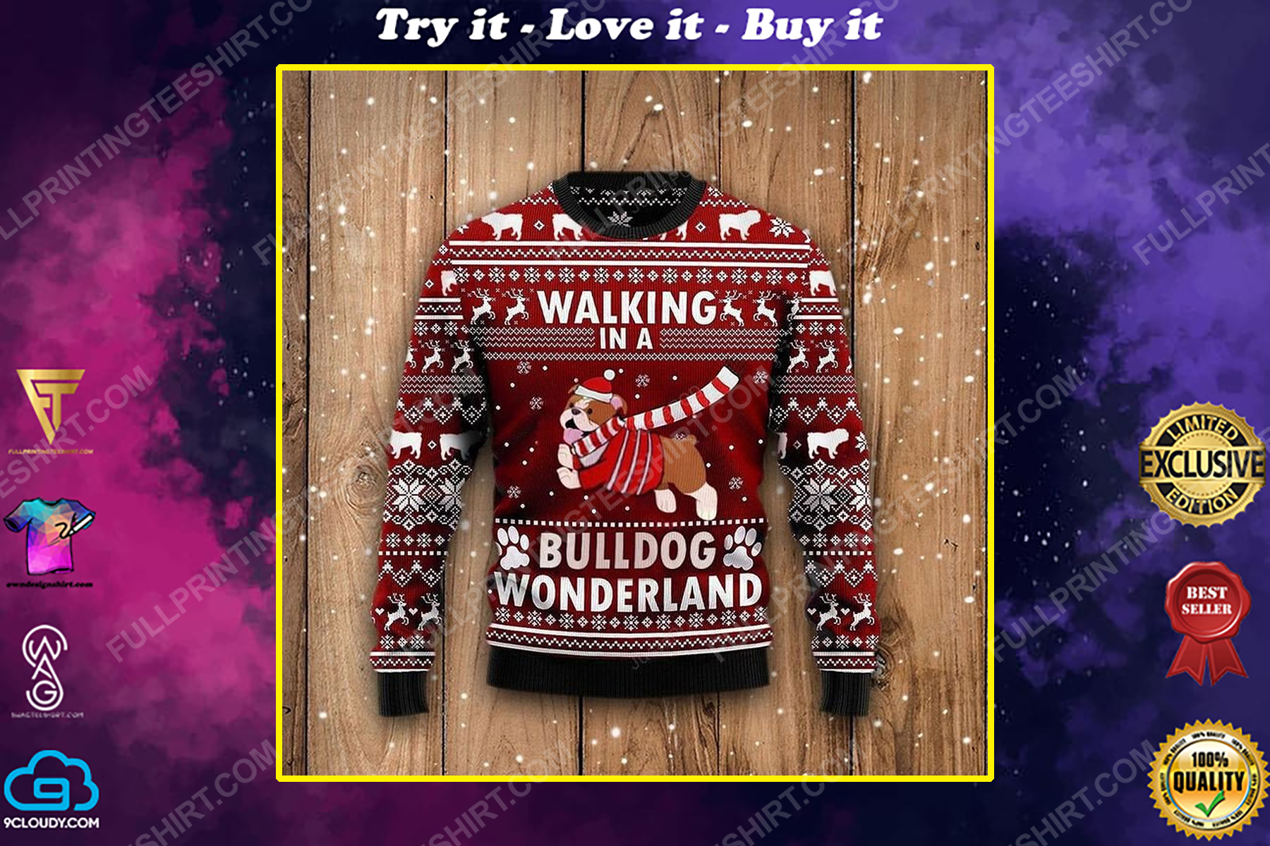 Walking in a bulldog wonderland full print ugly christmas sweater