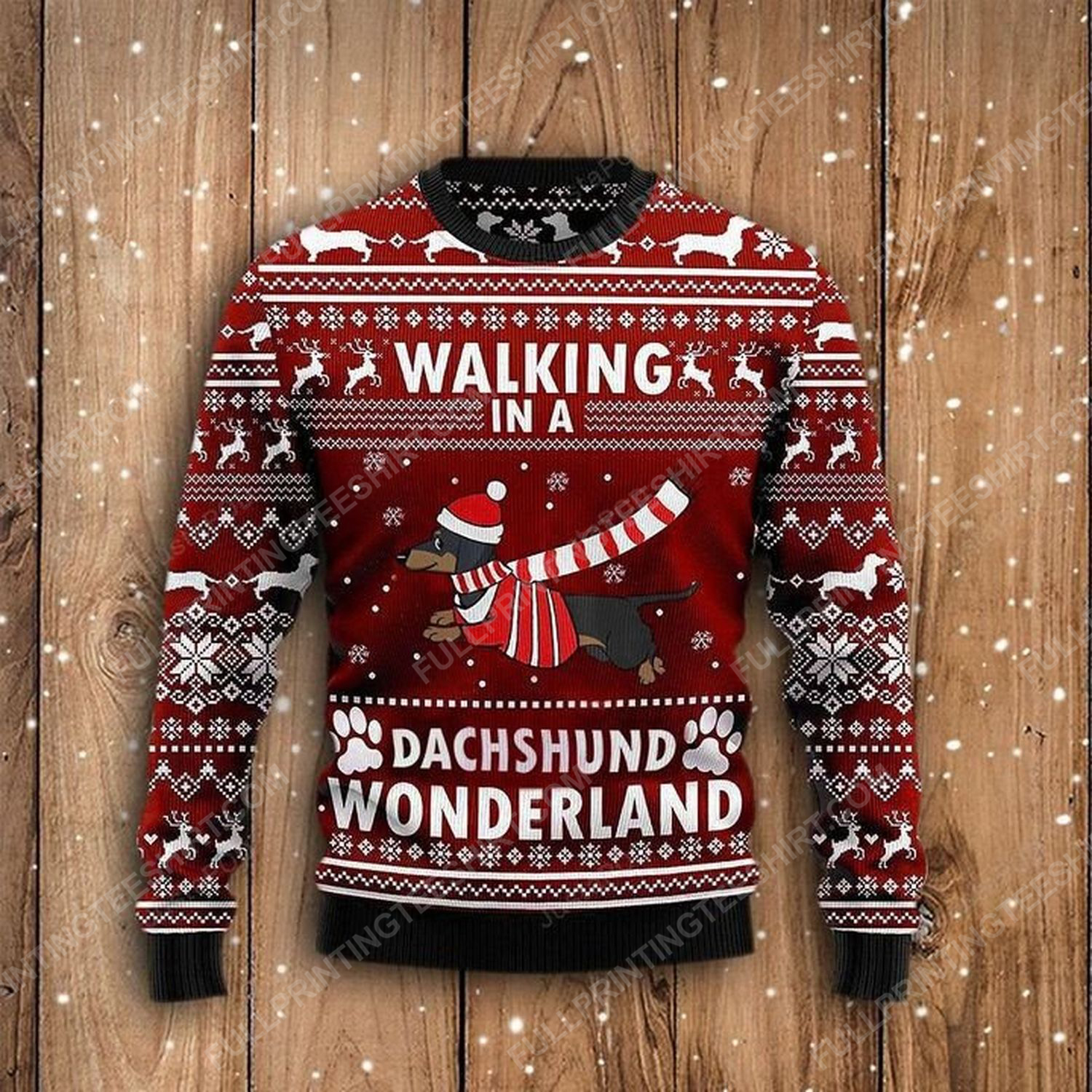 Walking in a dachshund wonderland full print ugly christmas sweater
