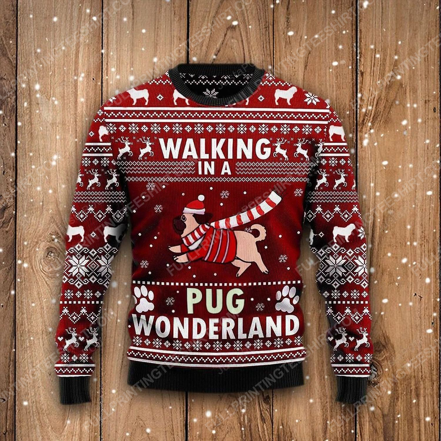 Walking in a pug wonderland full print ugly christmas sweater