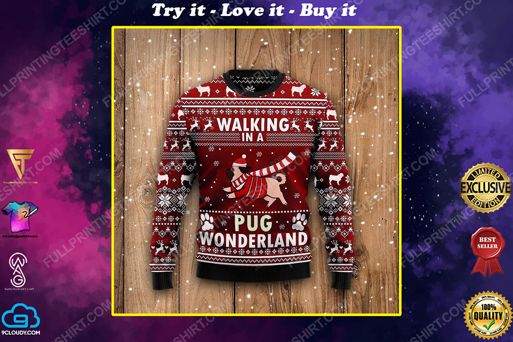 Walking in a pug wonderland full print ugly christmas sweater