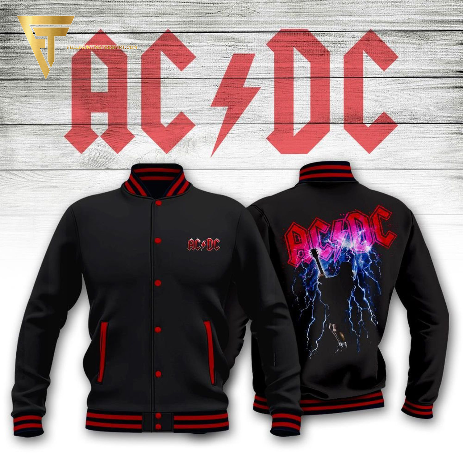 AC DC Rock Band Full Print Baseball Jacket