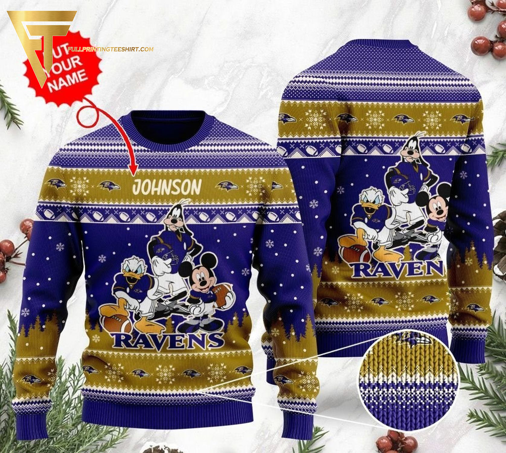 Custom Baltimore Ravens Mickey Donald Goofy Ugly Christmas Sweater