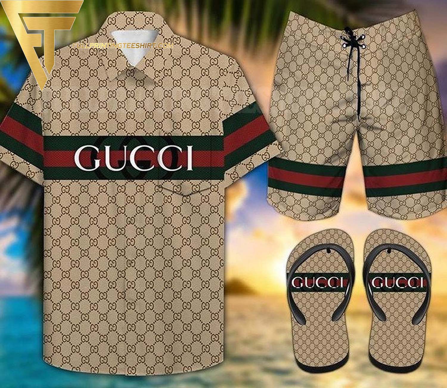Top-selling item] Gucci Skull Pattern Hawaii Shirt Shorts Set And Flip Flops