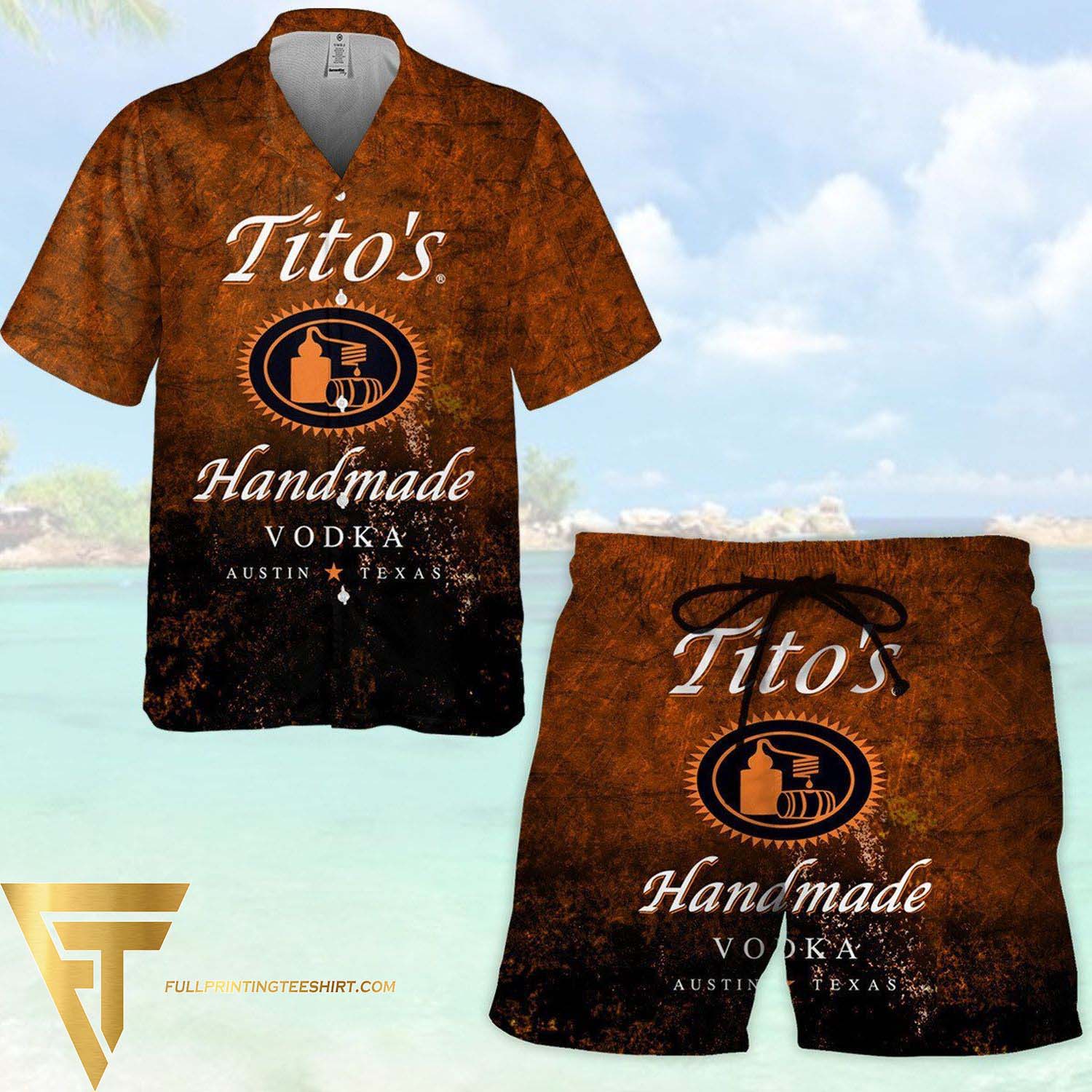 Tito's HAndmade Vodka All Over Print Summer Aloha Summer Beach Hawaiian Shirt And Beach Shorts Version Ombre Black Orange