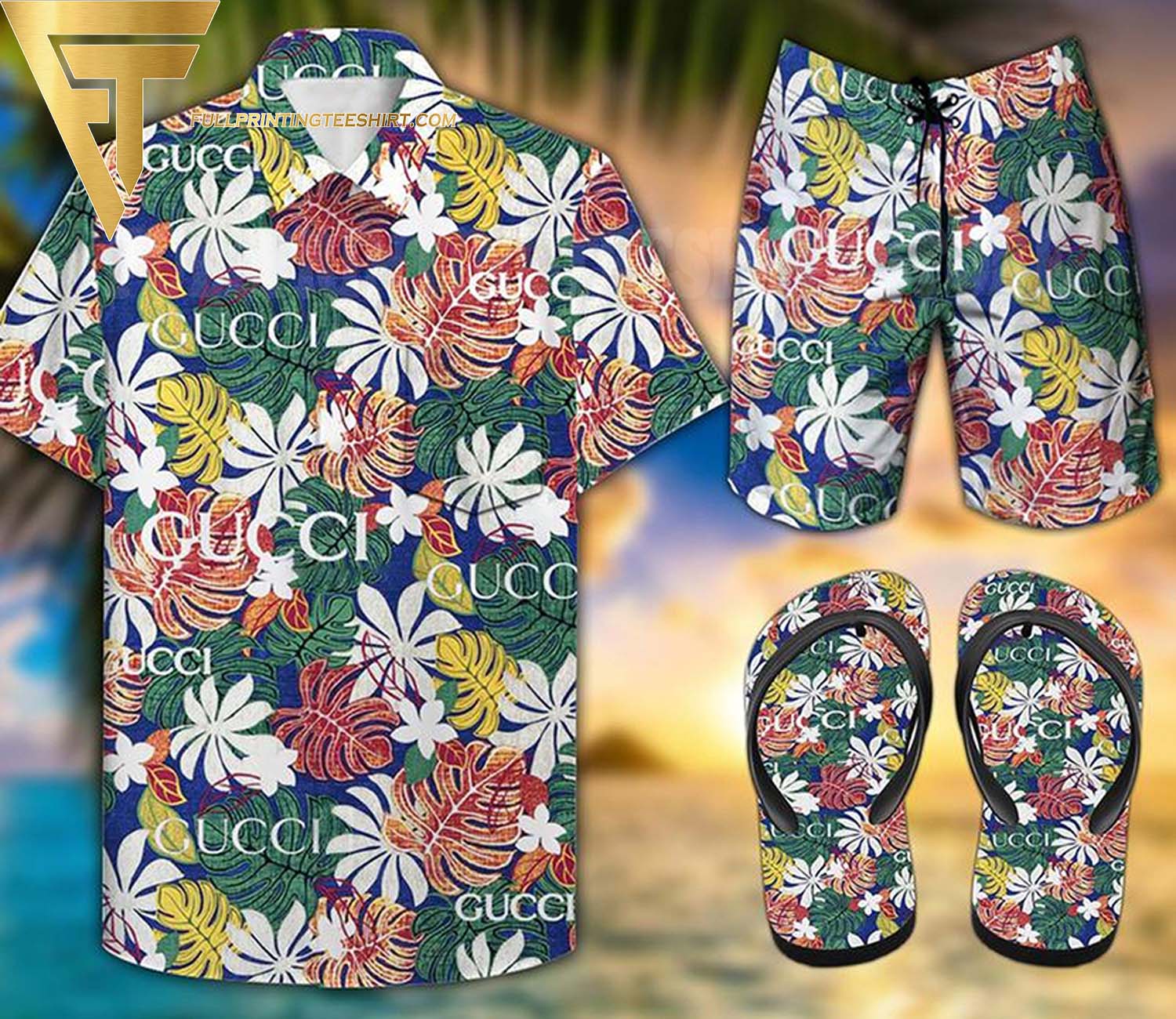 Top-selling item] Gucci Tropical Forest Hawaii Shirt Shorts Set And Flip