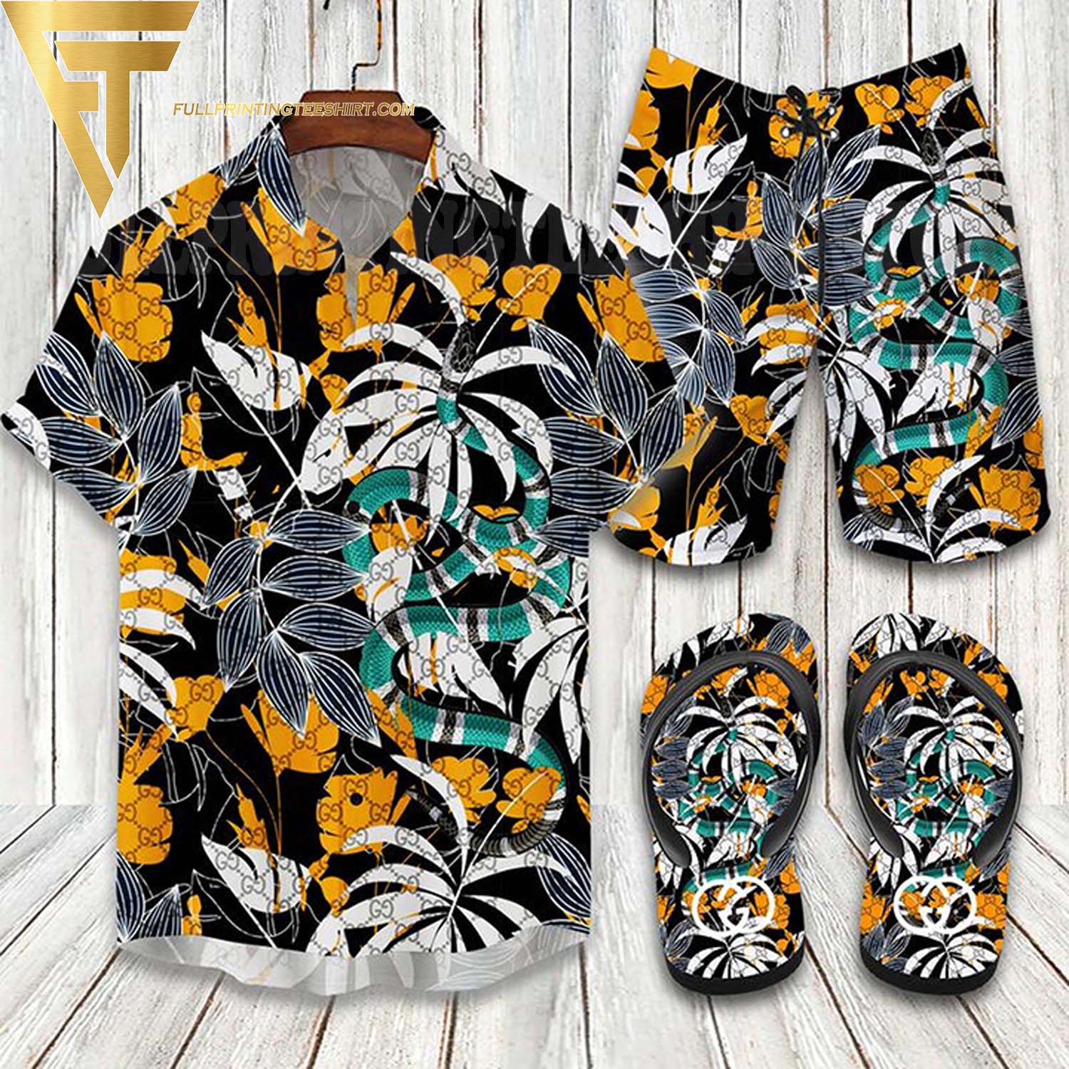 Top-selling item] Gucci Tropical Snake Hawaii Shirt Shorts Set And Flip  Flops