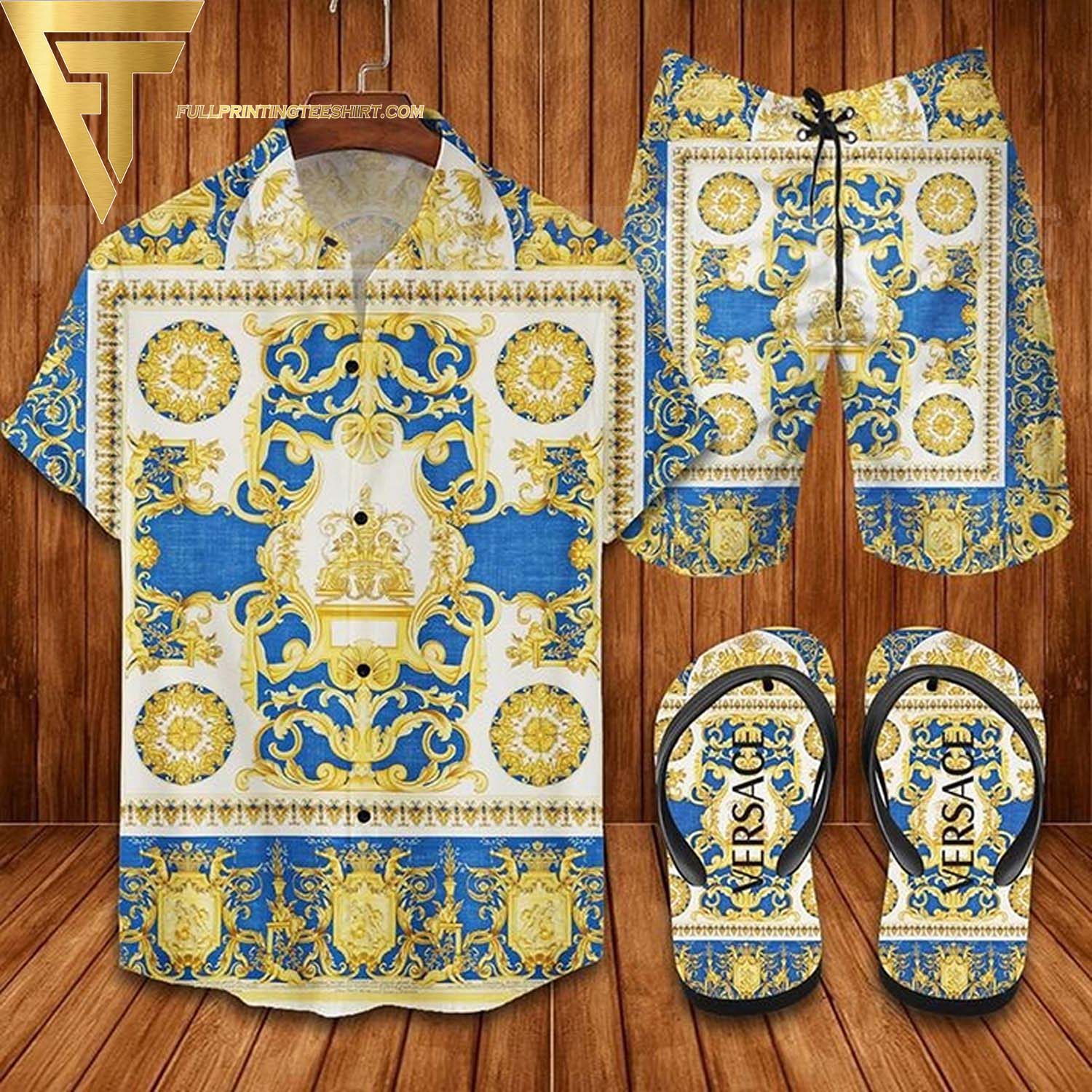 Versace Baroque Vintage Flip Flops And Combo Hawaiian Shirt Shorts - Bluecat