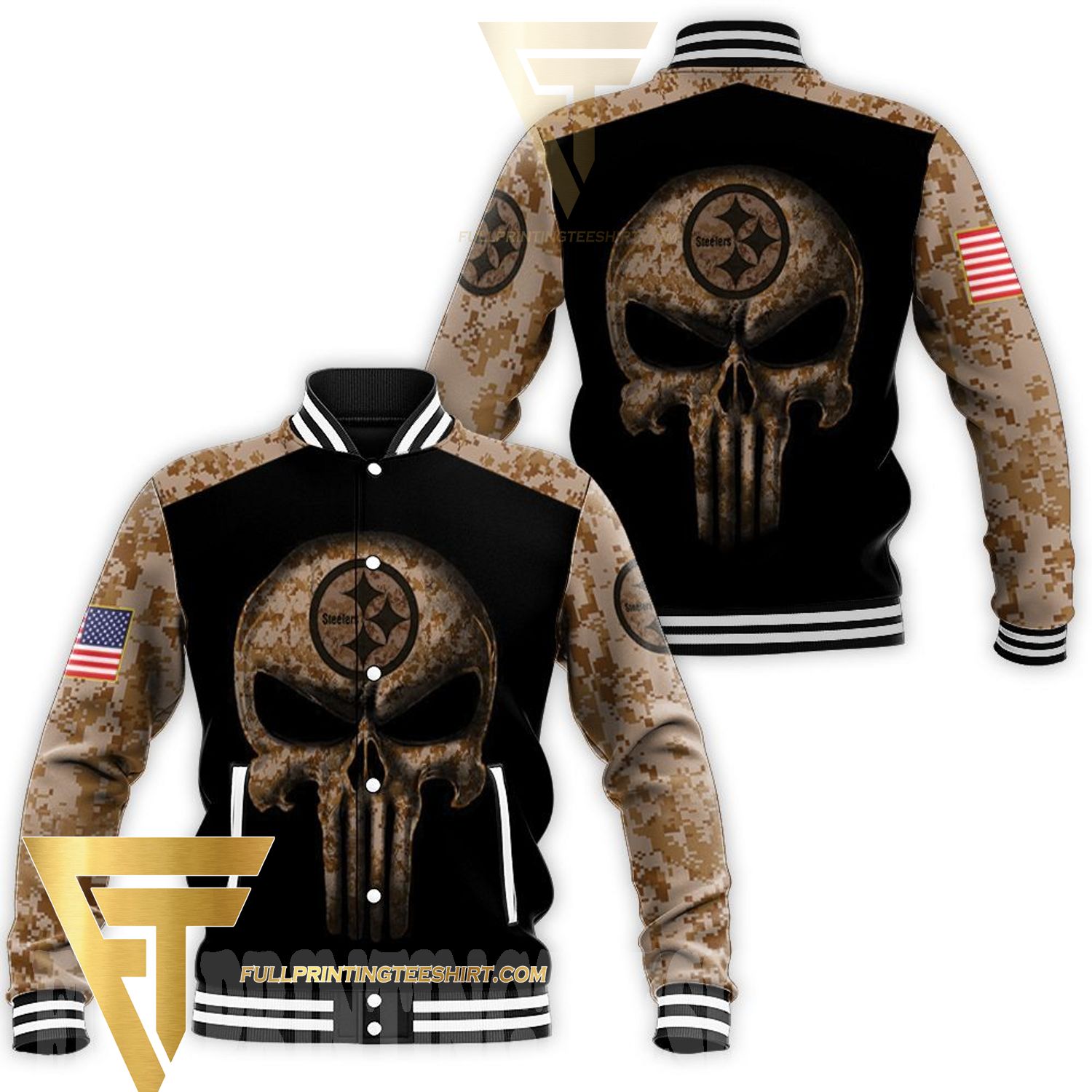 Top-selling item] Camouflage Skull Pittsburgh Steelers American Flag Jersey  Baseball Jacket