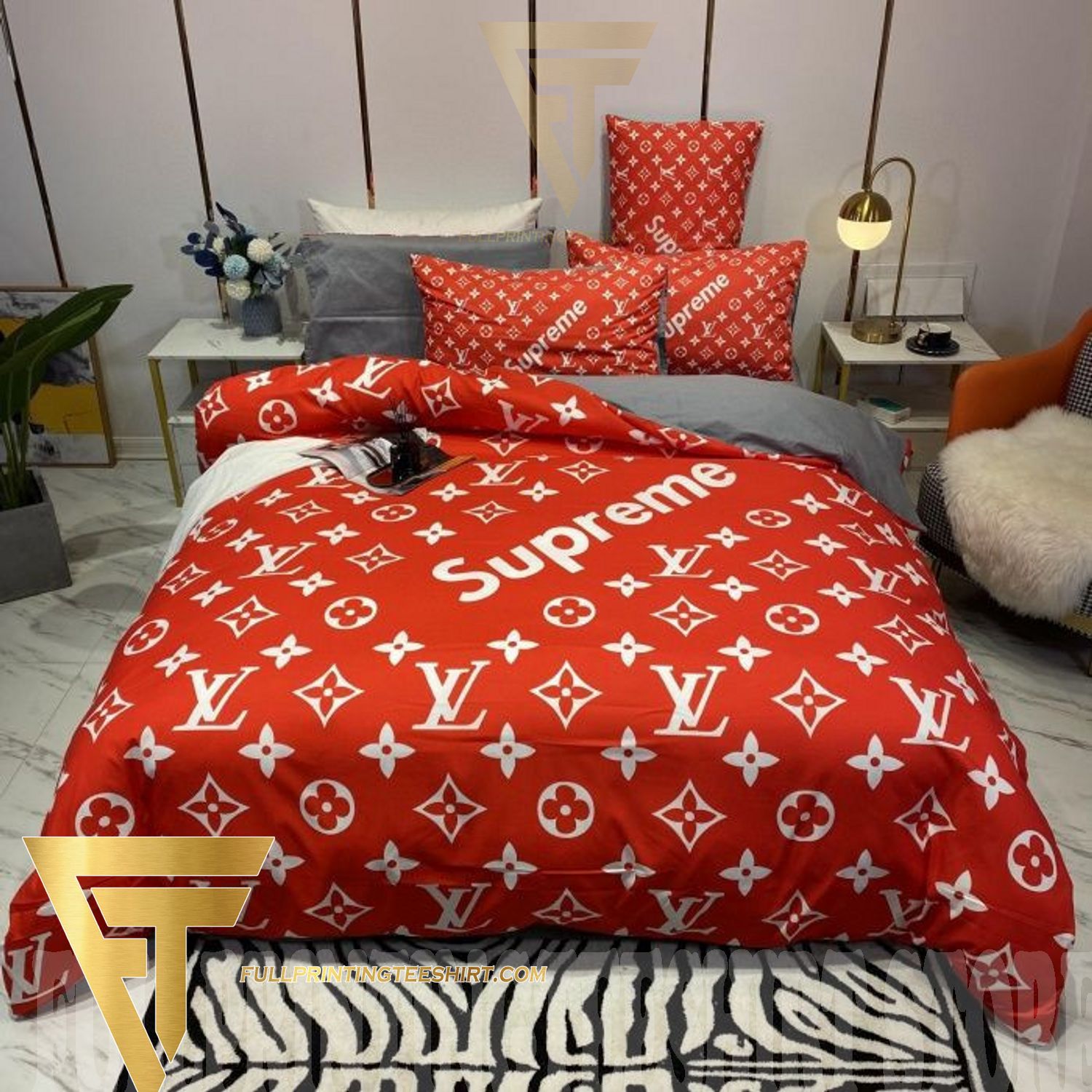 LV Complete Bedding Set - 1 Duvet Comforter, 1 Bed Spread & 4