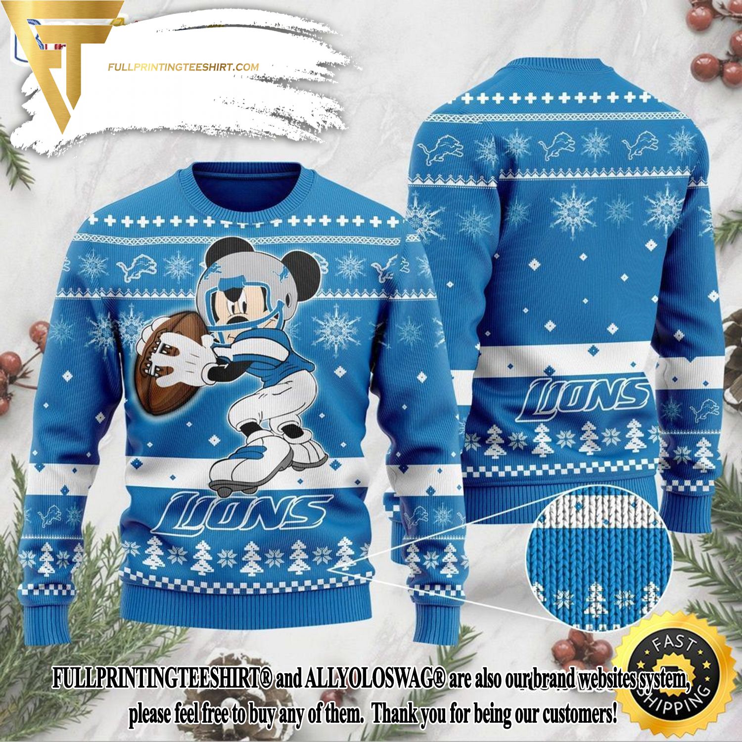 Detroit Lions Mickey Mouse The Decisive Throw Knitting Pattern Ugly Christmas Sweater