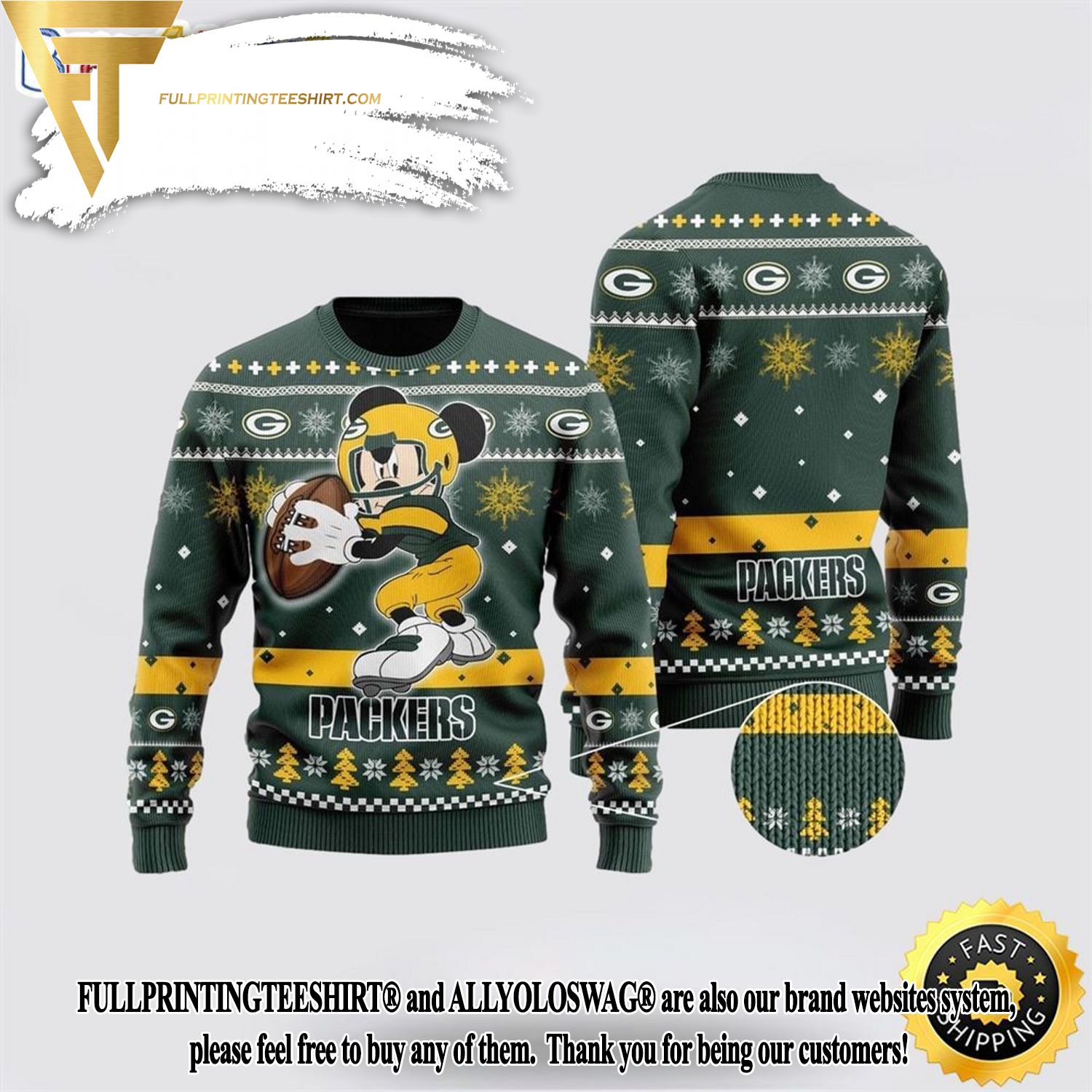 Green Bay Packers Mickey Mouse The Decisive Throw Ugly Christmas Holiday Sweater