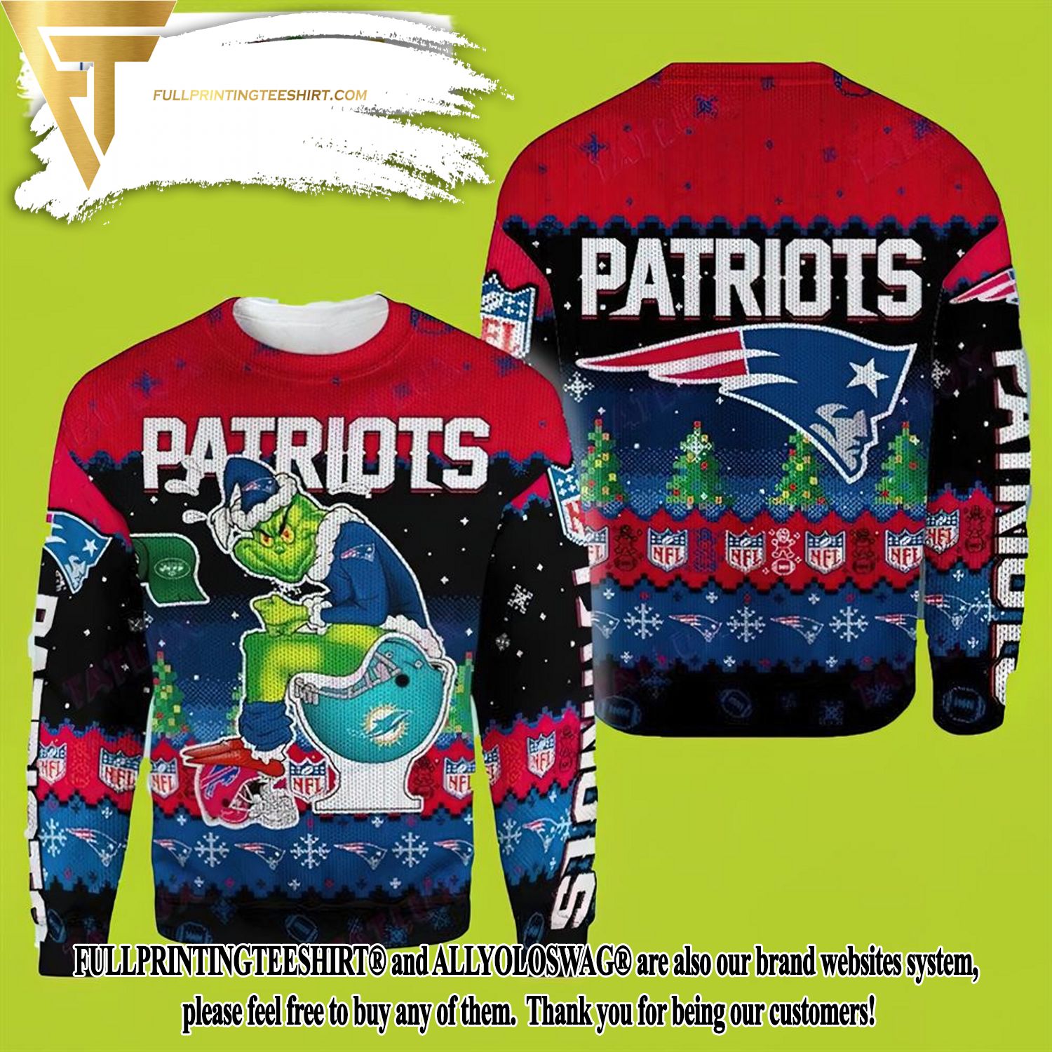 Grinch New England Patriots Ugly Christmas Holiday Sweater